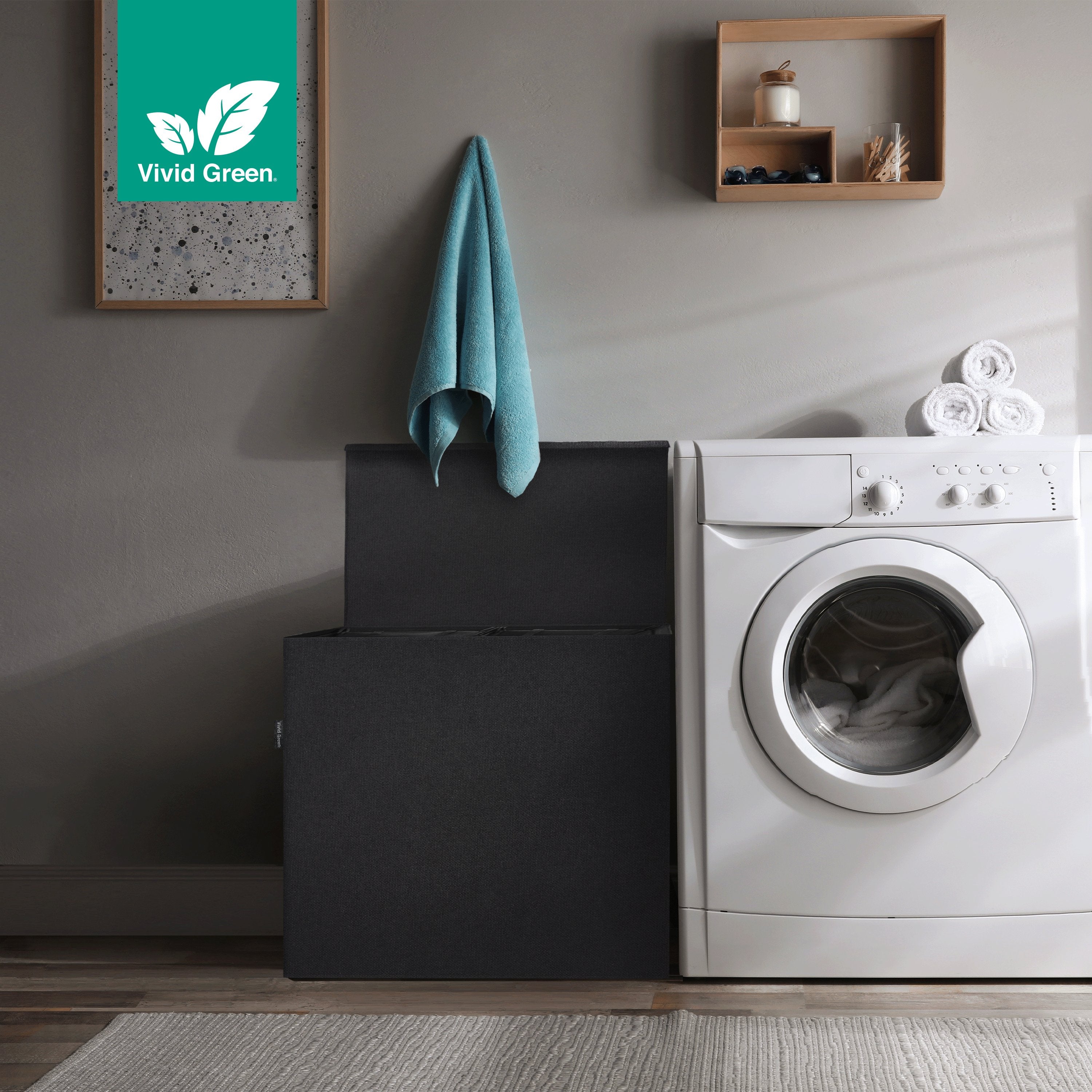 Vivid Green Dubbele Wasmand met Deksel en Uitneembare Waszakken - Wasmanden - Wassorteerder - 120L - Zwart