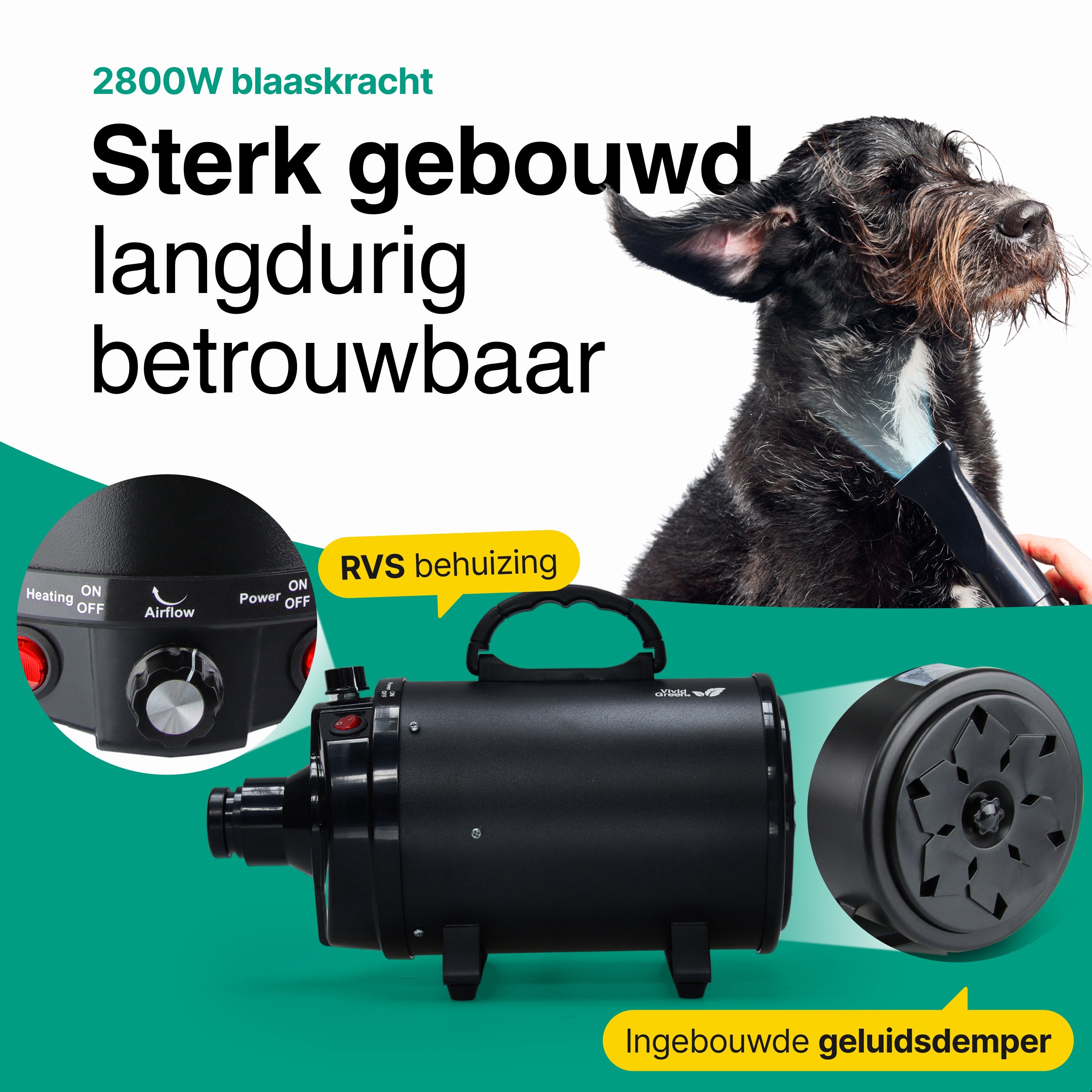 Hondenfohn met geluidsdemper 2800W - Waterblazer hond - Zwart - Vivid Green