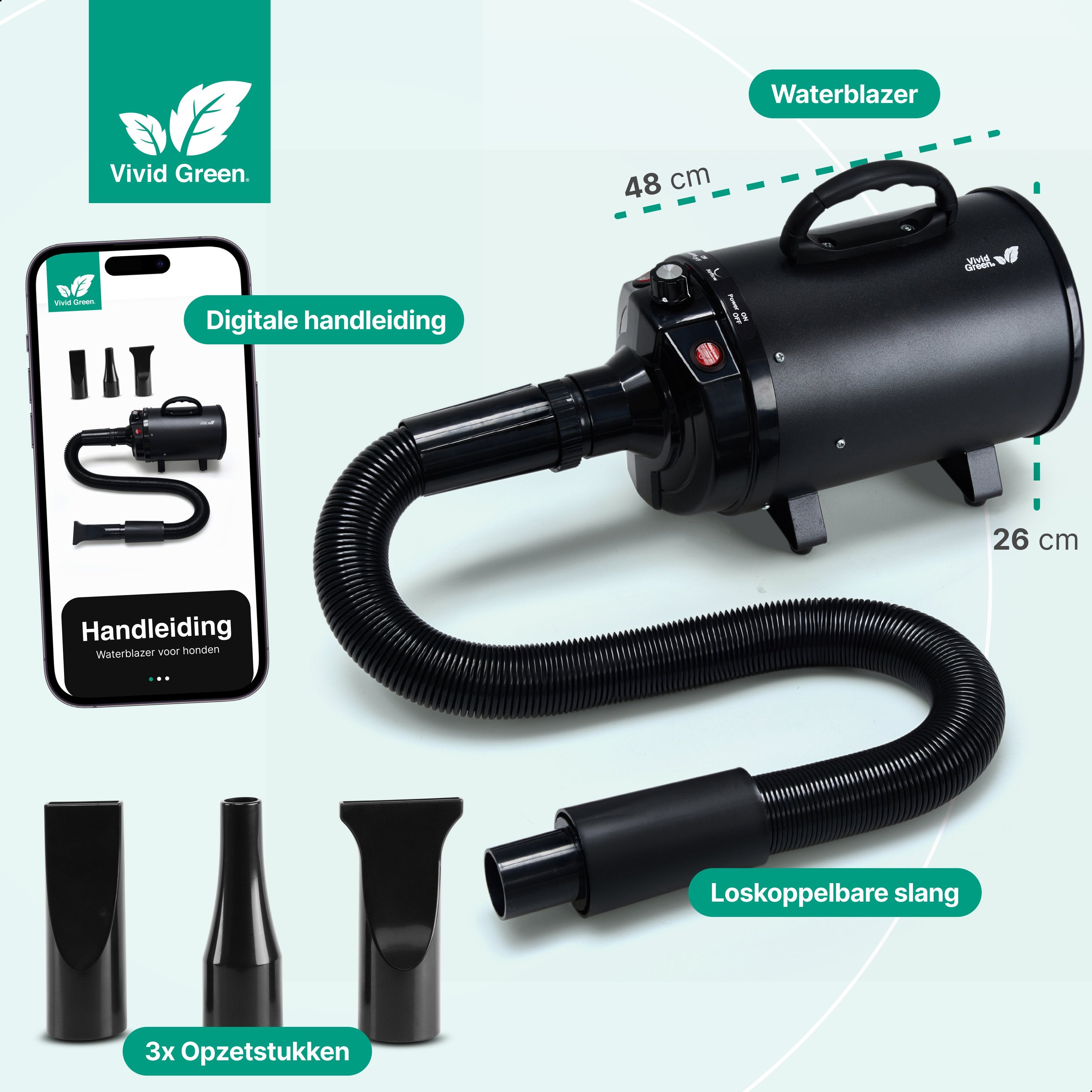 Hondenfohn met geluidsdemper 2800W - Waterblazer hond - Zwart - Vivid Green