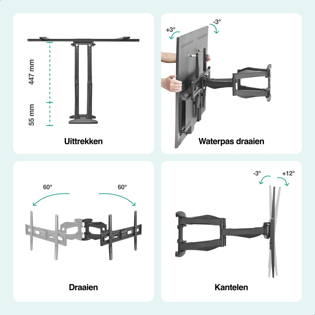 Tv Beugel Draaibaar en Kantelbaar - Muurbeugels - TV beugels - Geschikt voor 37 to 80 Inch tot 45KG - Universeel - Zwart - Vivid Green