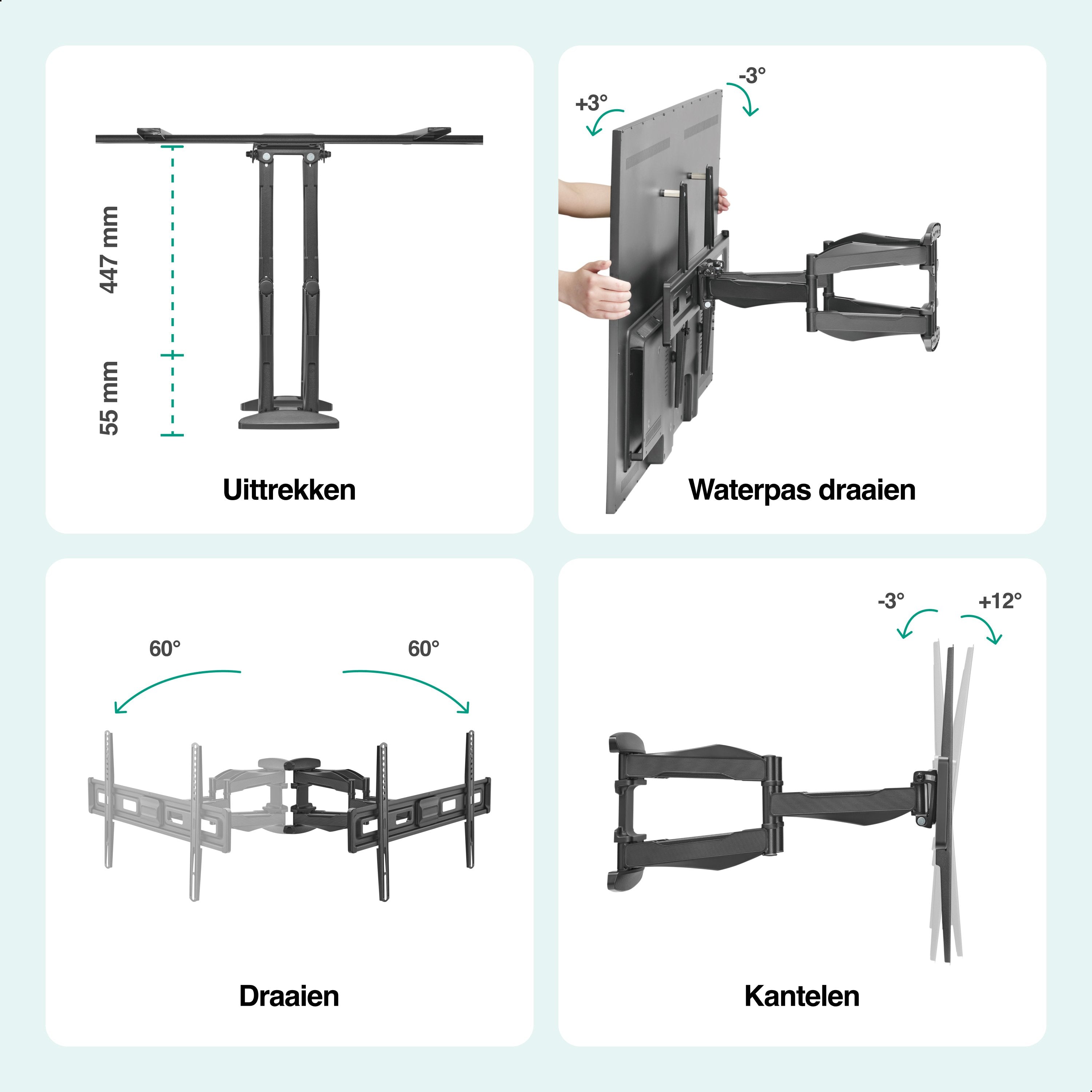 Tv Beugel Draaibaar en Kantelbaar - Muurbeugels - TV beugels - Geschikt voor 37 to 80 Inch tot 45KG - Universeel - Zwart - Vivid Green