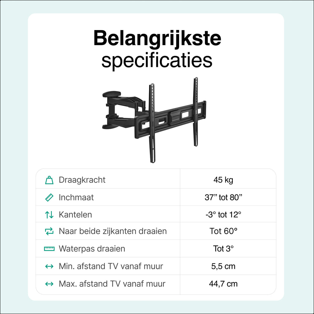 Tv Beugel Draaibaar en Kantelbaar - Muurbeugels - TV beugels - Geschikt voor 37 to 80 Inch tot 45KG - Universeel - Zwart - Vivid Green