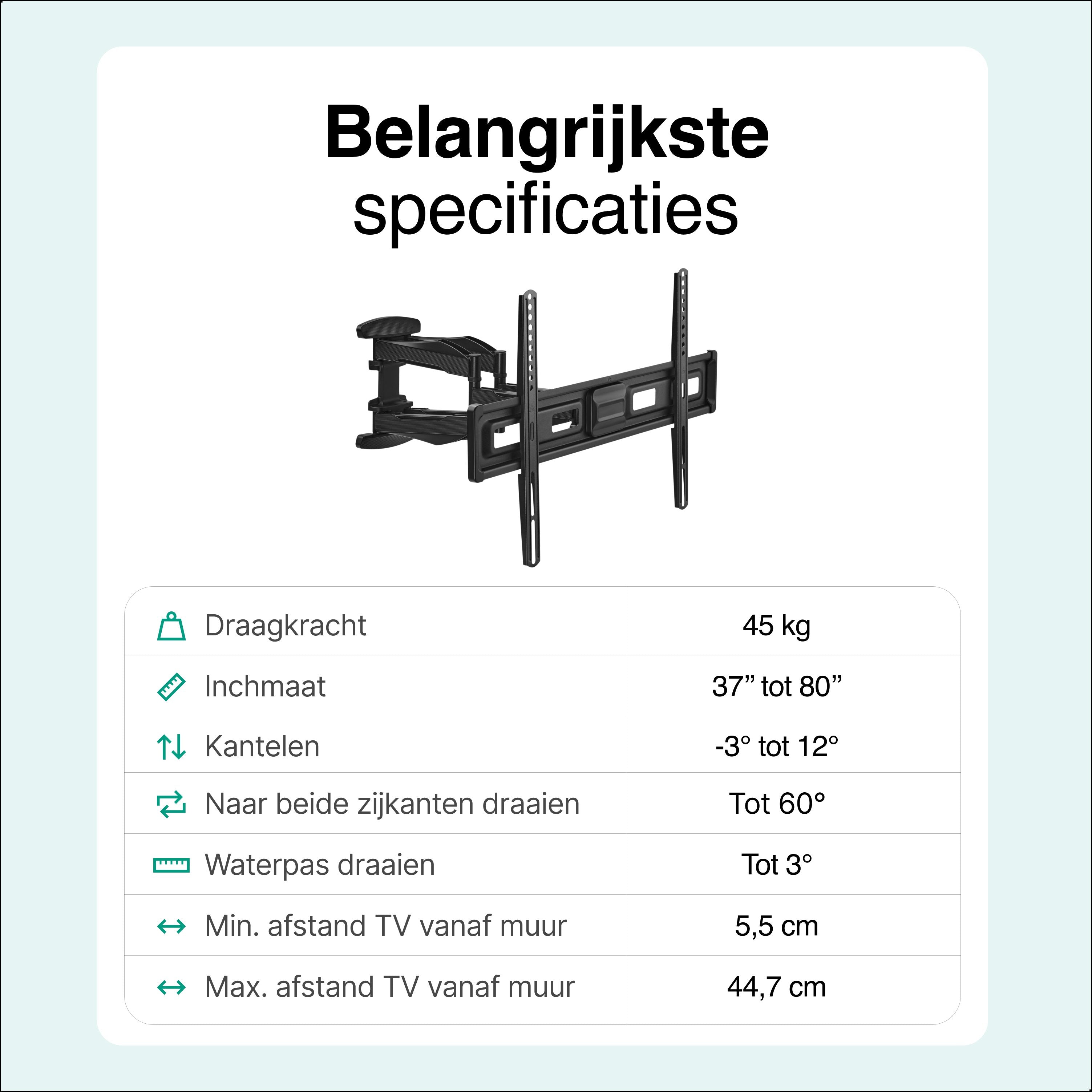 Tv Beugel Draaibaar en Kantelbaar - Muurbeugels - TV beugels - Geschikt voor 37 to 80 Inch tot 45KG - Universeel - Zwart - Vivid Green