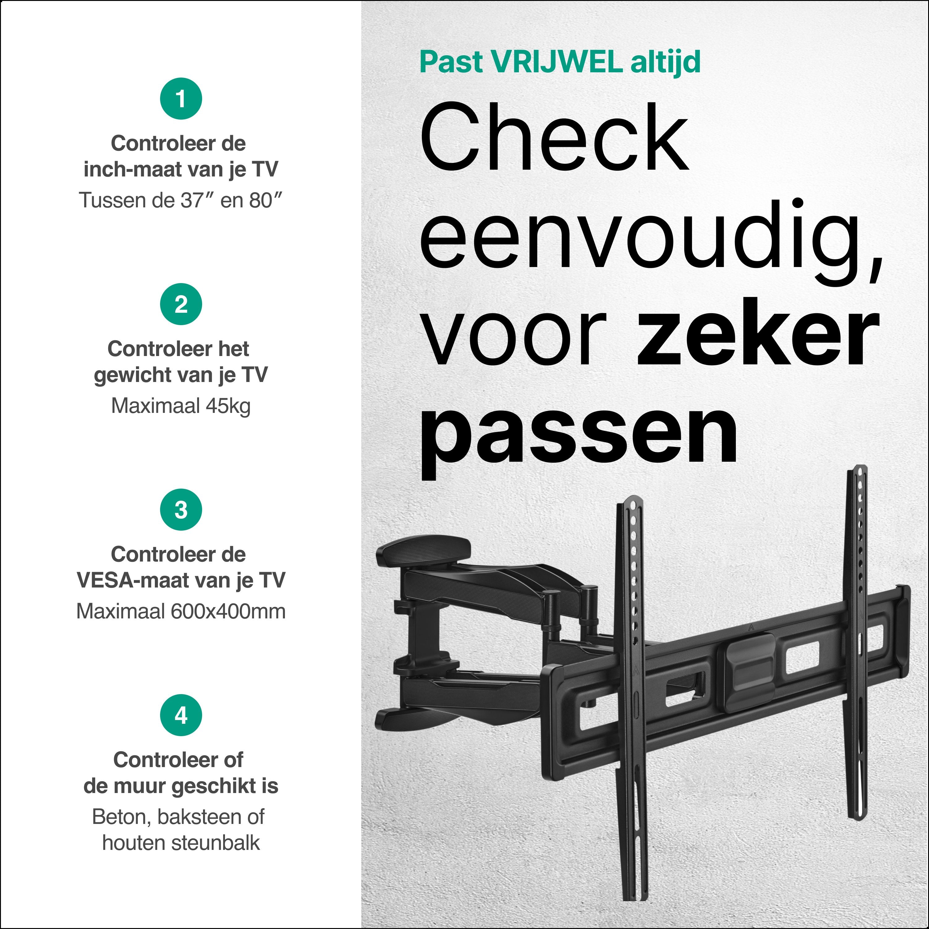 Tv Beugel Draaibaar en Kantelbaar - Muurbeugels - TV beugels - Geschikt voor 37 to 80 Inch tot 45KG - Universeel - Zwart - Vivid Green