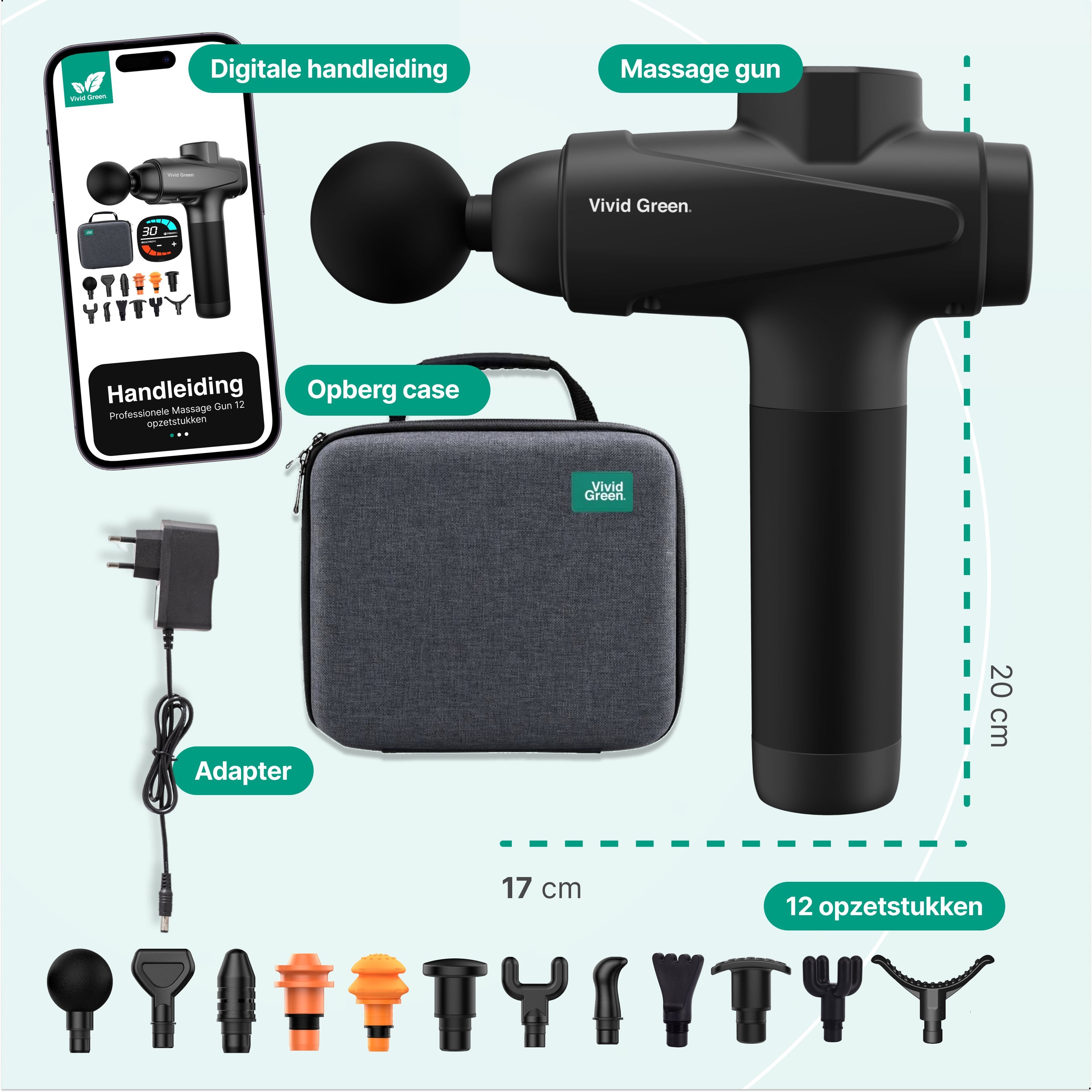 Vivid Green - Pro Massage Gun 12 Accessoires - Apparaat - Sport en Relax Massage - Draadloos � Professioneel - 12 mm - 2500 mAh � Zwart