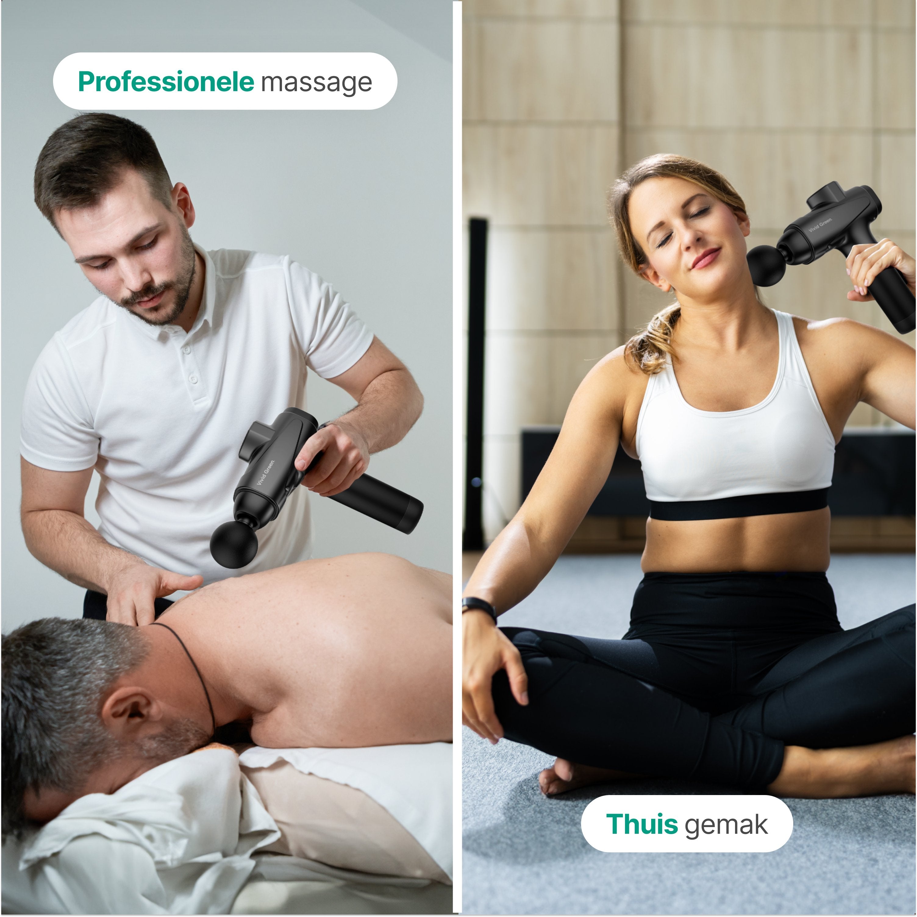Vivid Green - Pro Massage Gun 12 Accessoires - Apparaat - Sport en Relax Massage - Draadloos � Professioneel - 12 mm - 2500 mAh � Zwart