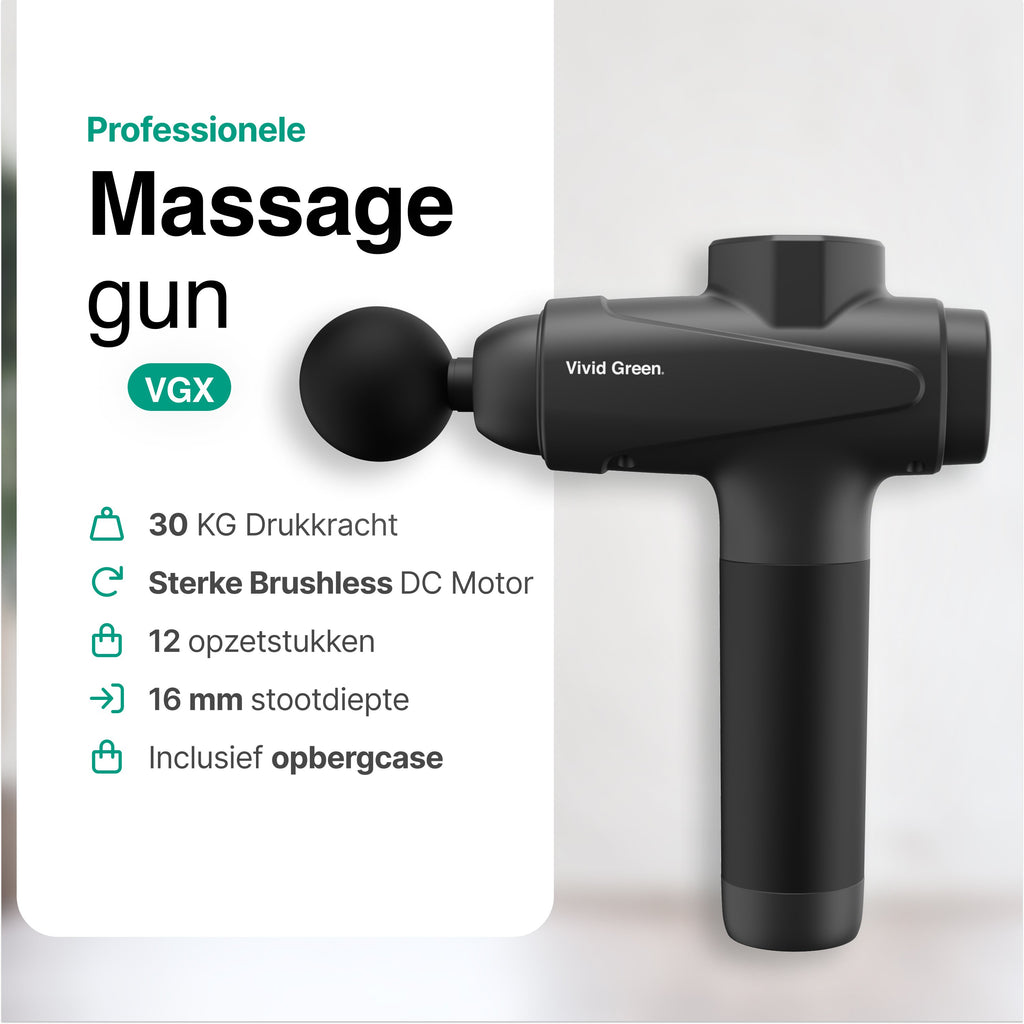 Vivid Green - Pro Massage Gun 12 Accessoires - Apparaat - Sport en Relax Massage - Draadloos � Professioneel - 12 mm - 2500 mAh � Zwart