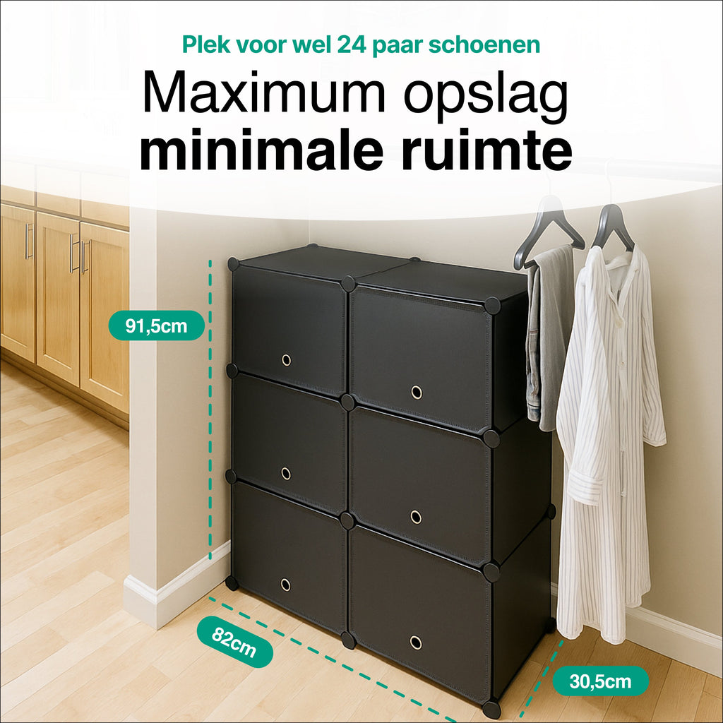 Schoenenkast 24 paar Schoenen - Verstelbaar - Schoenenrek - 6 vakkken - Geschikt voor Laarzen - 91,5*82*32,5 CM - Zwart - Vivid Green