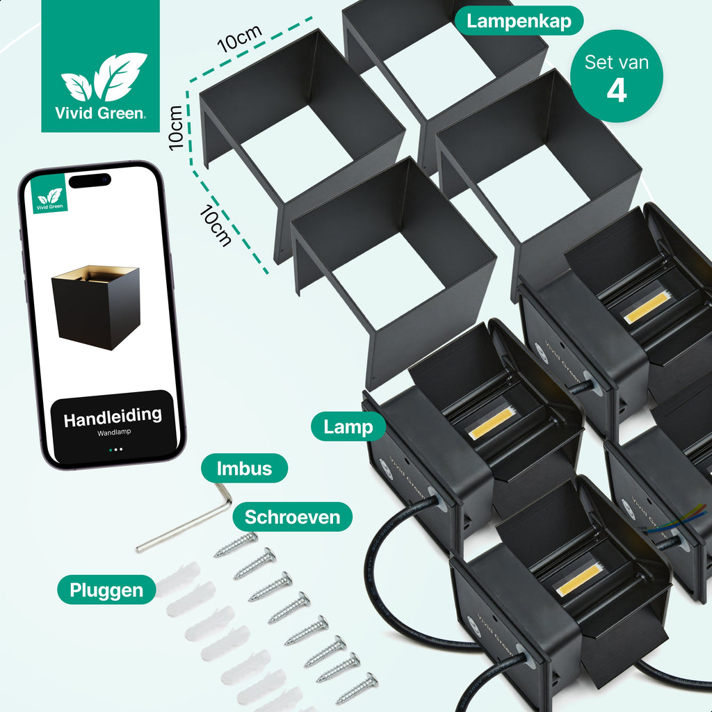 Wandlamp - 4 pack - Werkt op netstroom - 3000K - Voor binnen en buiten - Buitenlamp - Vivid Green