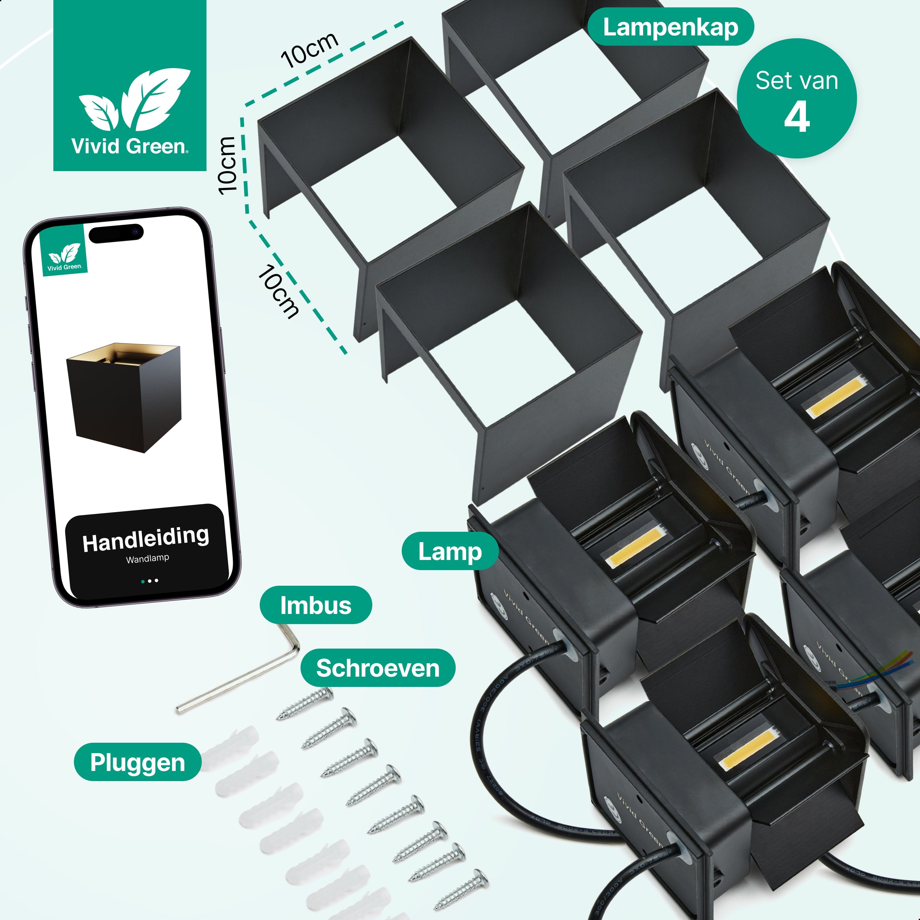 Wandlamp - 4 pack - Werkt op netstroom - 3000K - Voor binnen en buiten - Buitenlamp - Vivid Green