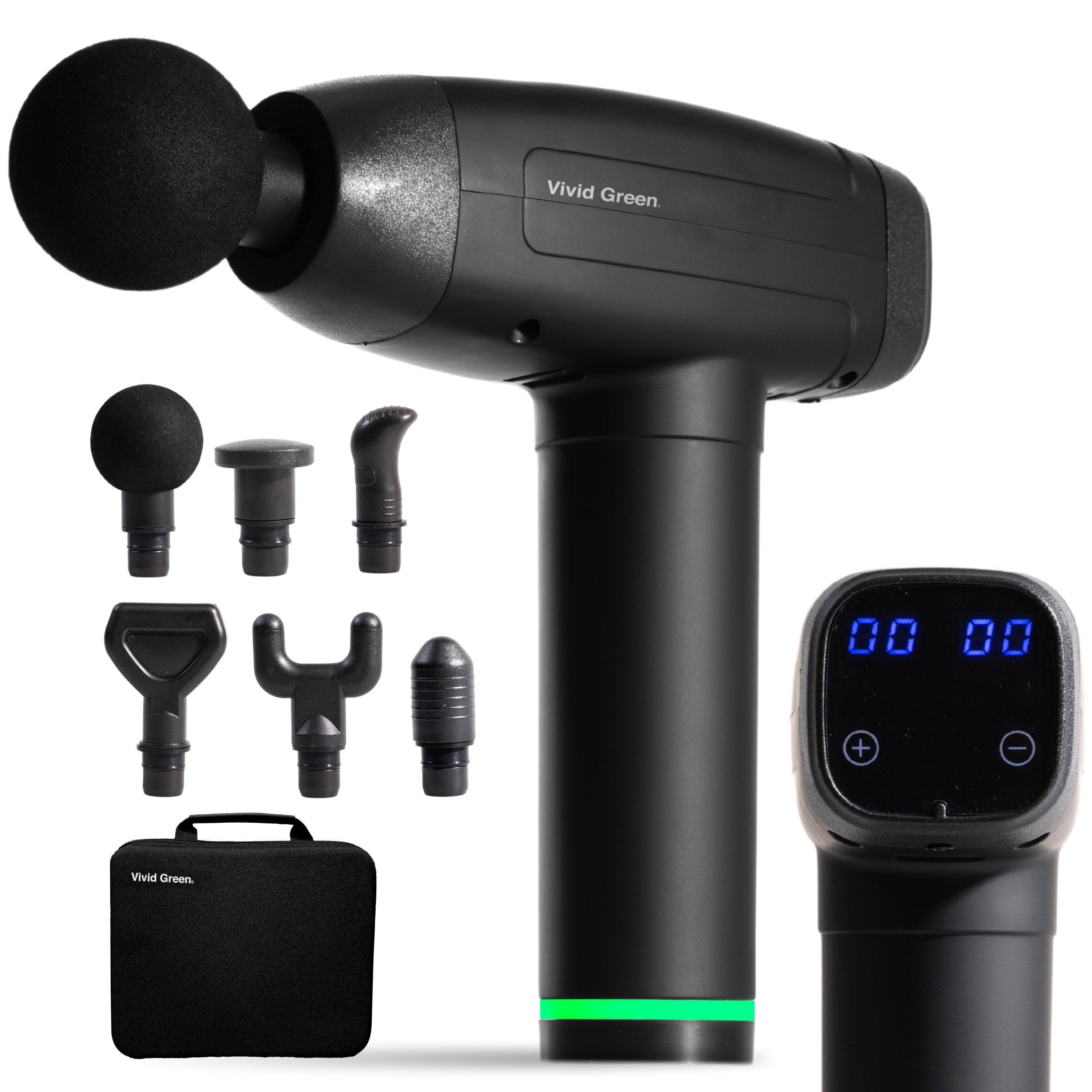 Vivid Green - Massage Gun met 6 Opzetstukken & Opbergcase - Professioneel - Sport en Relax Massage apparaat - Draadloos - Zwart