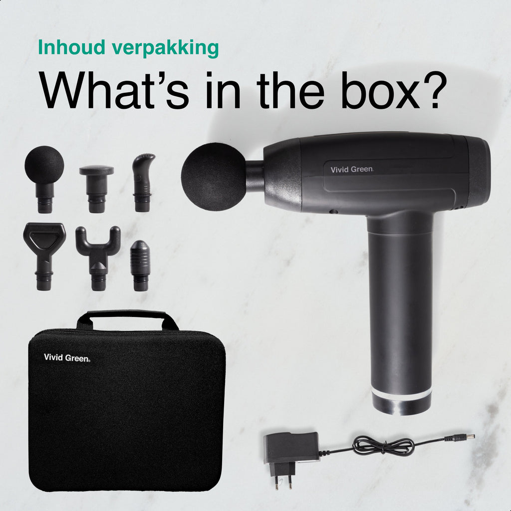 Vivid Green - Massage Gun met 6 Opzetstukken & Opbergcase - Professioneel - Sport en Relax Massage apparaat - Draadloos - Zwart