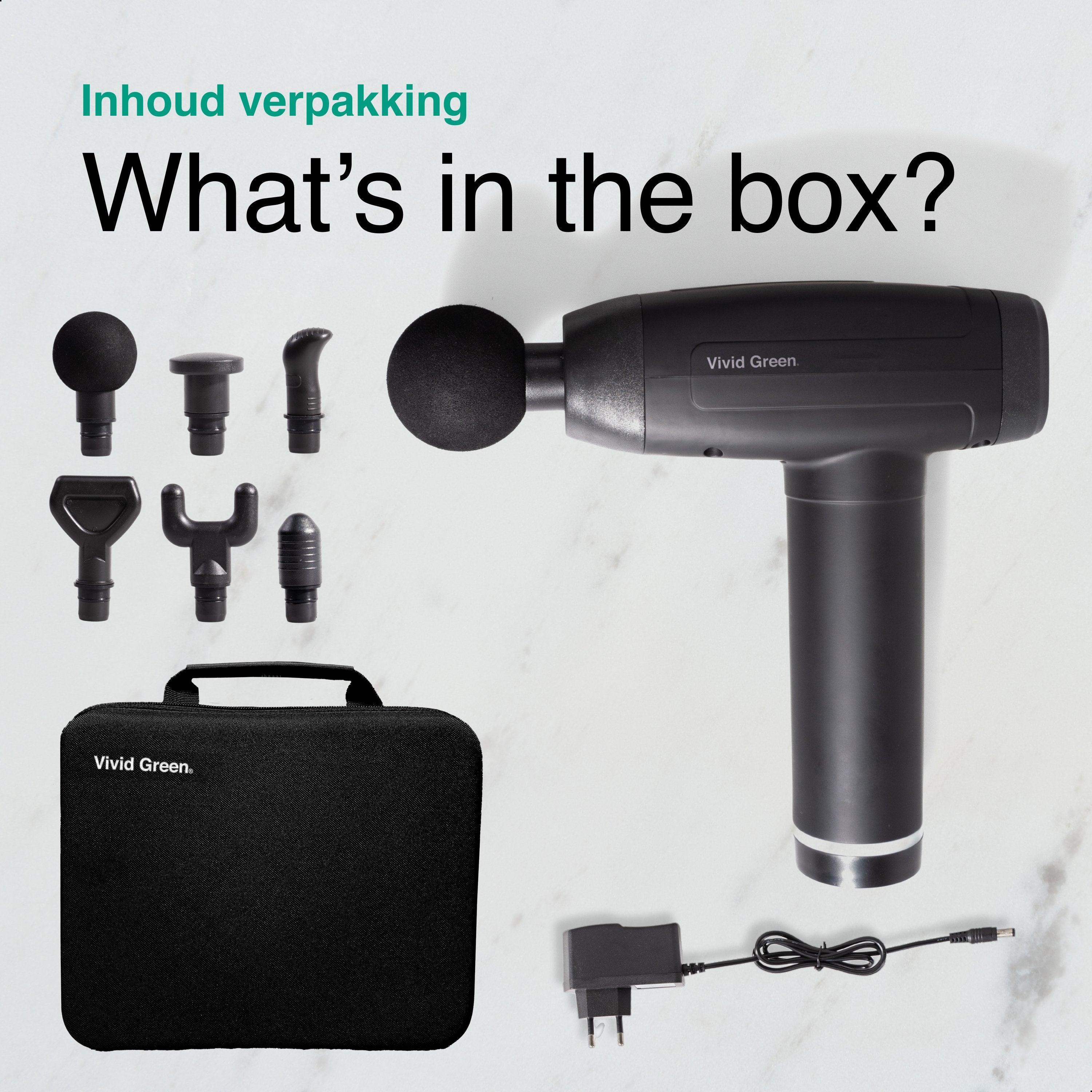 Vivid Green - Massage Gun met 6 Opzetstukken & Opbergcase - Professioneel - Sport en Relax Massage apparaat - Draadloos - Zwart