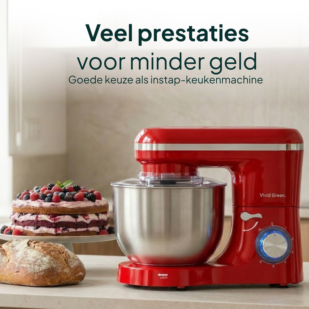 Keukenmachine - 2000W - Keukenrobot - Keukenmixer - Mixer met Mengkom - 6.2L - Rood - Vivid Green