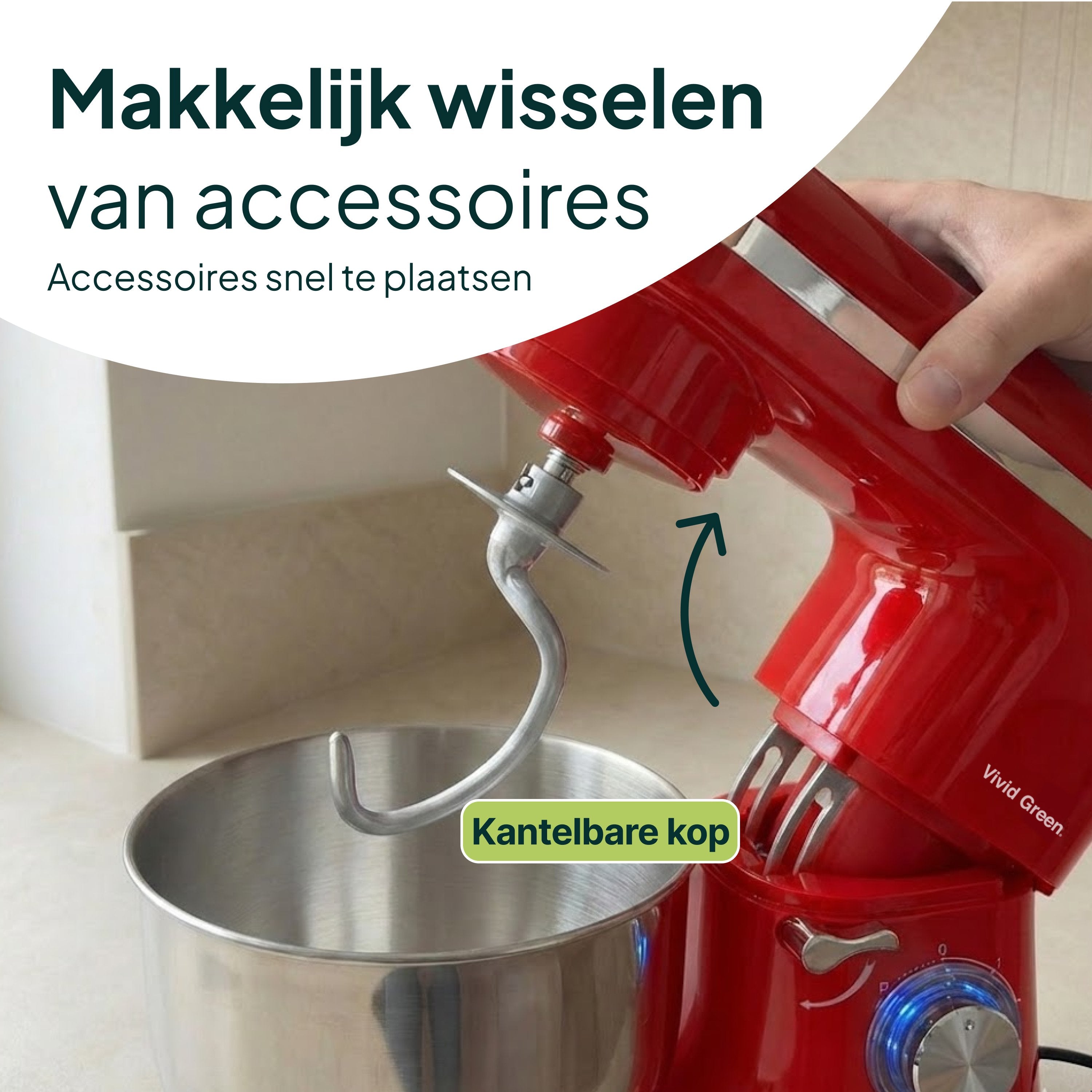 Keukenmachine - 2000W - Keukenrobot - Keukenmixer - Mixer met Mengkom - 6.2L - Rood - Vivid Green