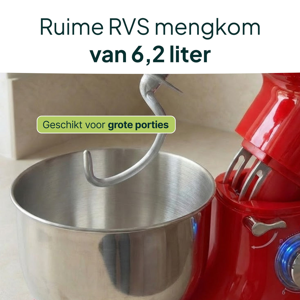 Keukenmachine - 2000W - Keukenrobot - Keukenmixer - Mixer met Mengkom - 6.2L - Rood - Vivid Green
