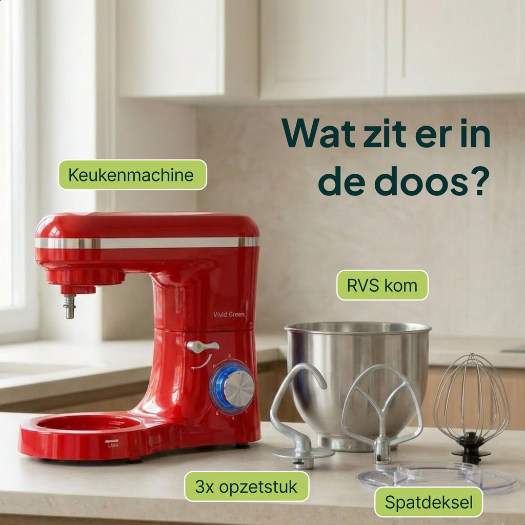 Keukenmachine - 2000W - Keukenrobot - Keukenmixer - Mixer met Mengkom - 6.2L - Rood - Vivid Green