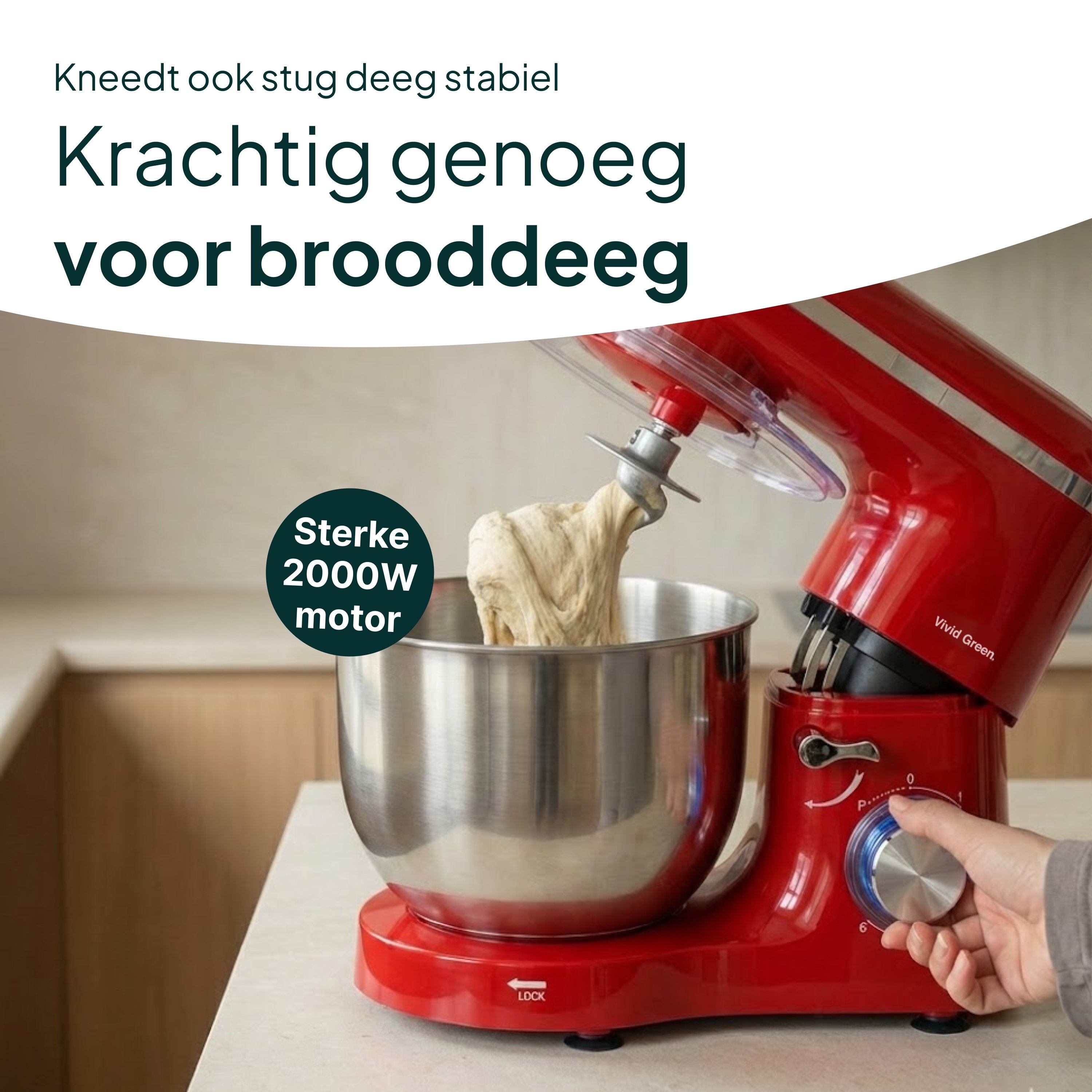 Keukenmachine - 2000W - Keukenrobot - Keukenmixer - Mixer met Mengkom - 6.2L - Rood - Vivid Green