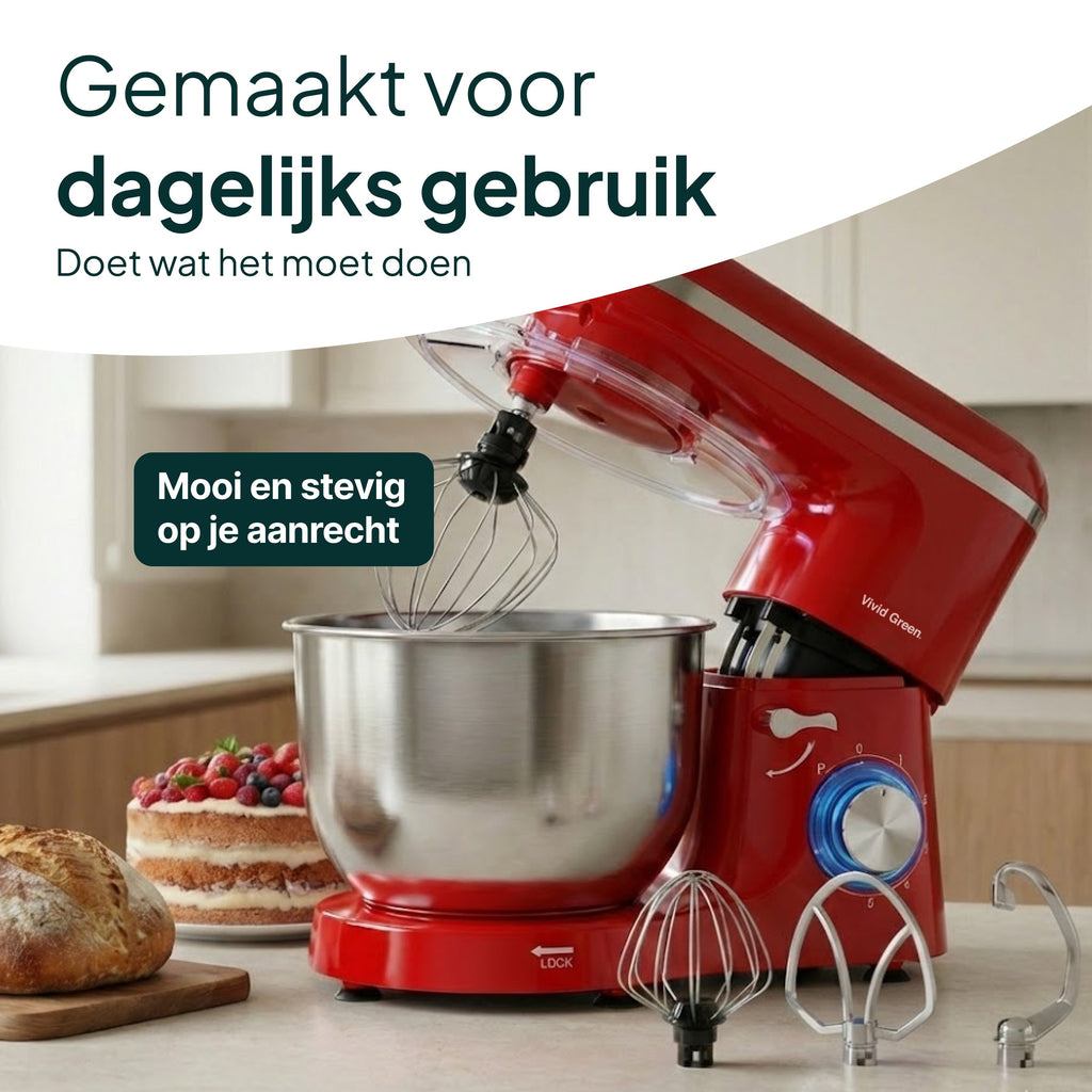 Keukenmachine - 2000W - Keukenrobot - Keukenmixer - Mixer met Mengkom - 6.2L - Rood - Vivid Green