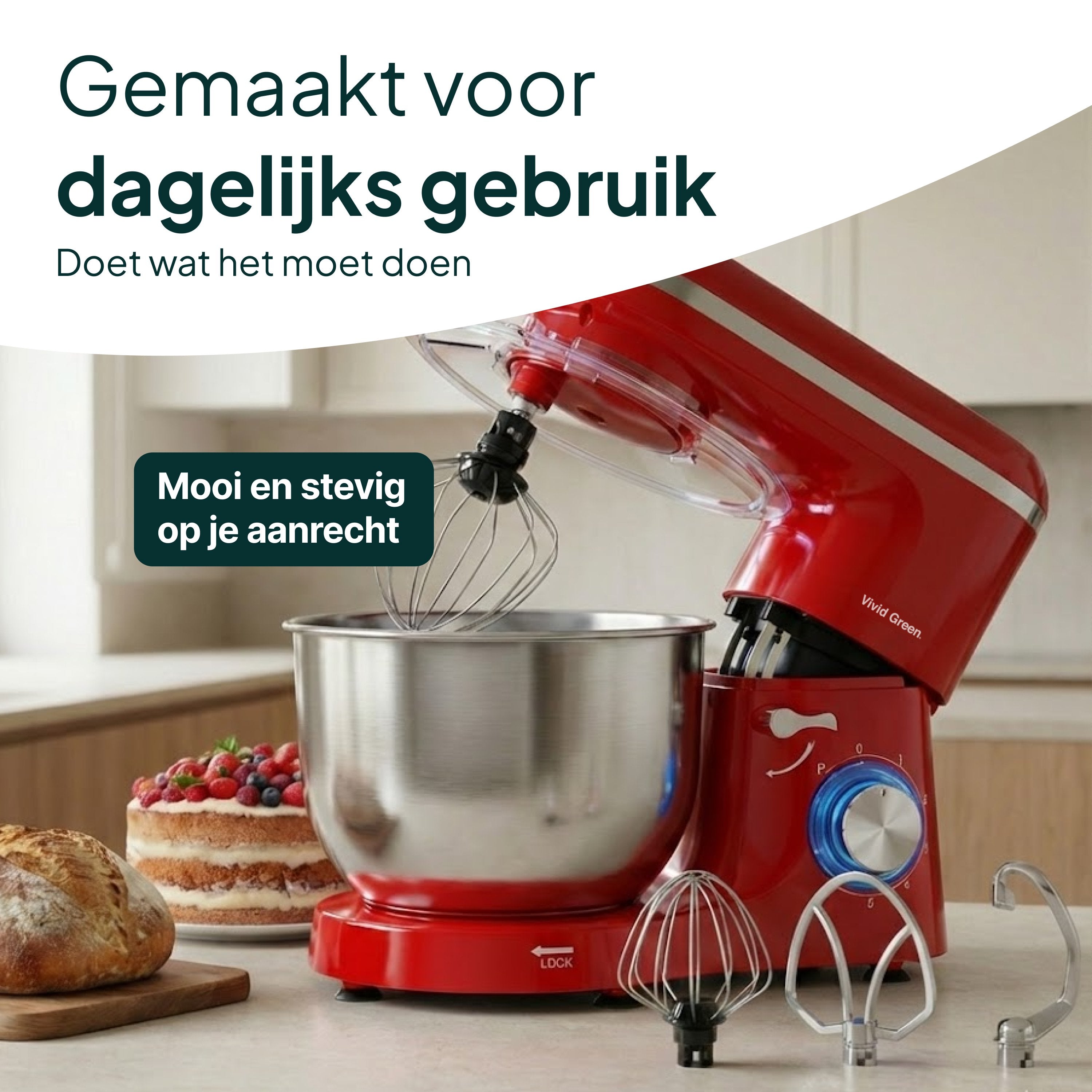 Keukenmachine - 2000W - Keukenrobot - Keukenmixer - Mixer met Mengkom - 6.2L - Rood - Vivid Green