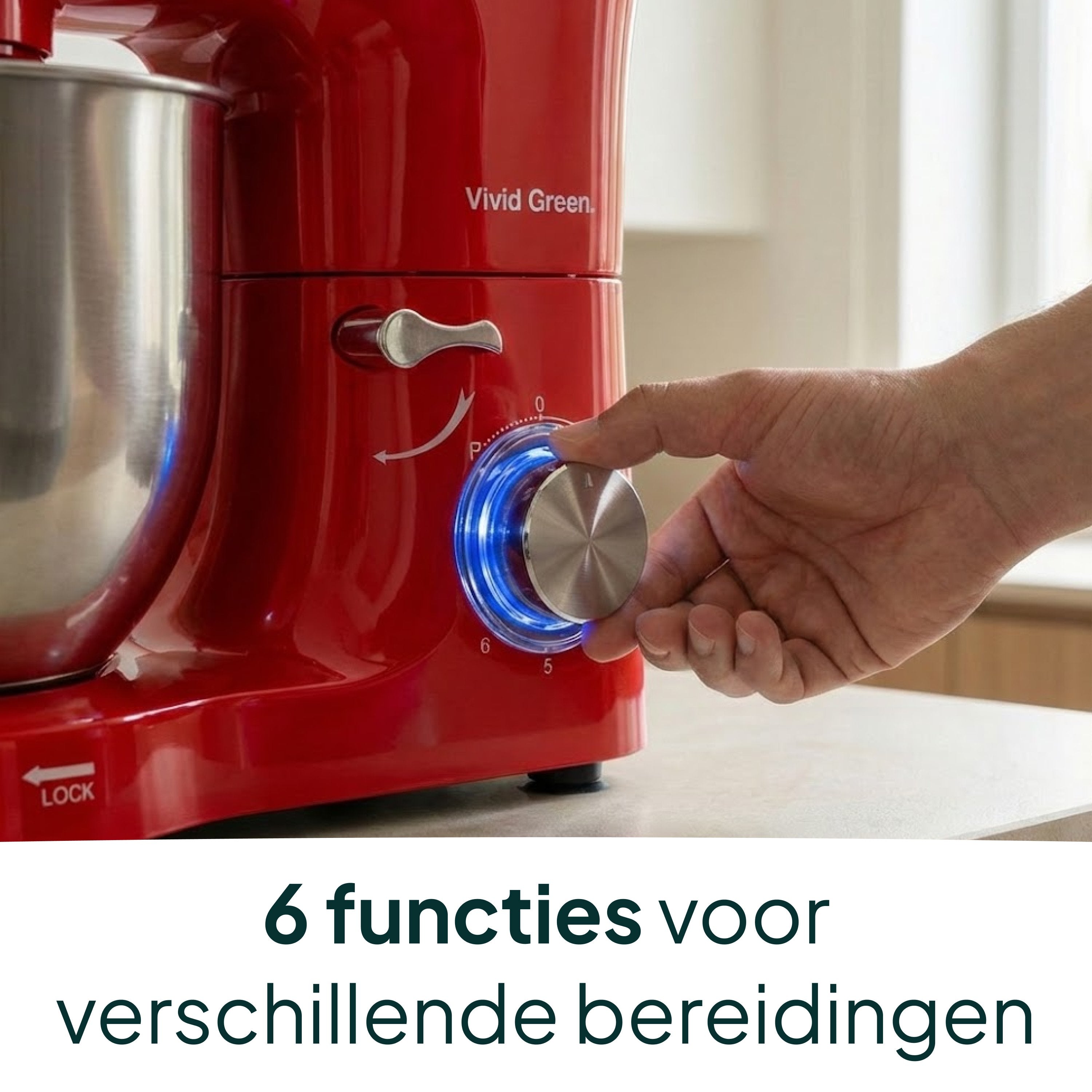 Keukenmachine - 2000W - Keukenrobot - Keukenmixer - Mixer met Mengkom - 6.2L - Rood - Vivid Green
