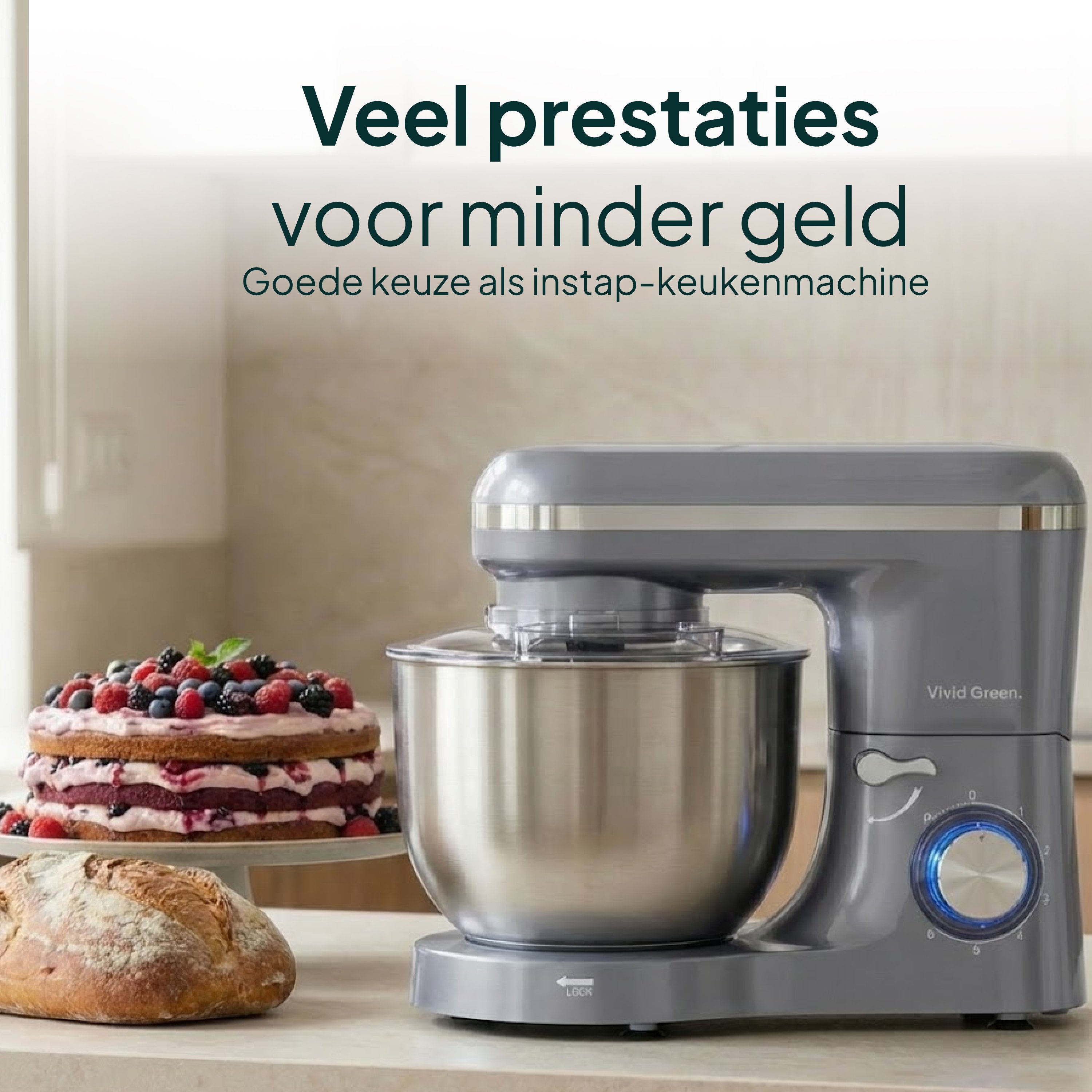 Keukenmachine - 2000W - Keukenrobot - Keukenmixer - Mixer met Mengkom - 6.2L - Grijs - Vivid Green