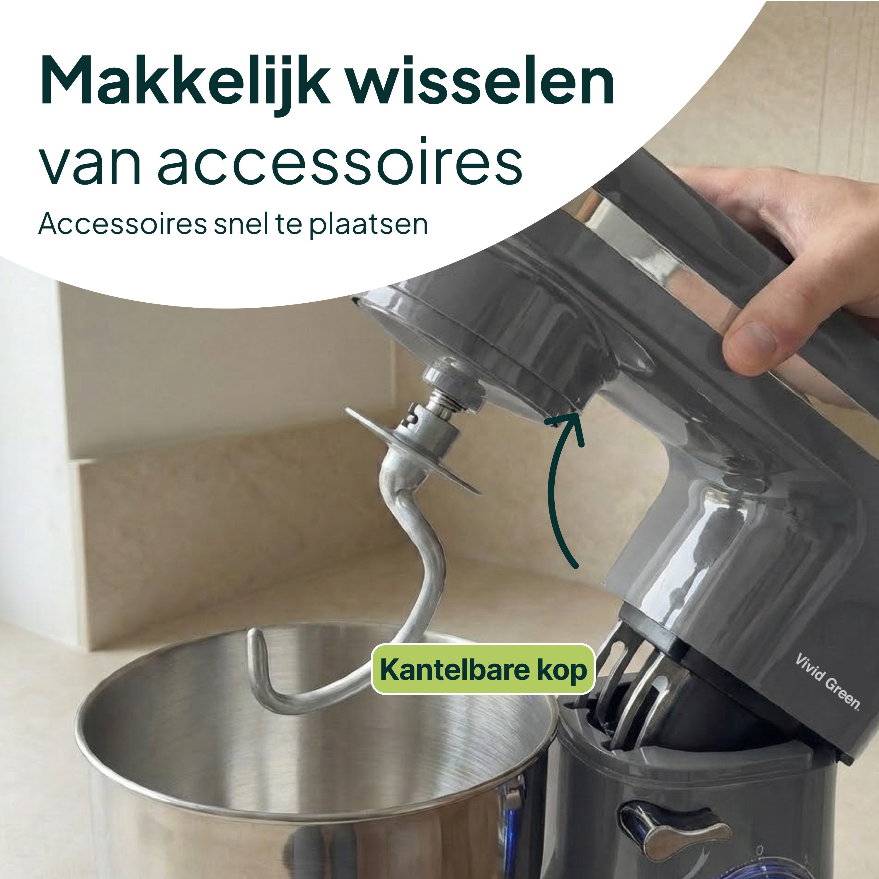 Keukenmachine - 2000W - Keukenrobot - Keukenmixer - Mixer met Mengkom - 6.2L - Grijs - Vivid Green