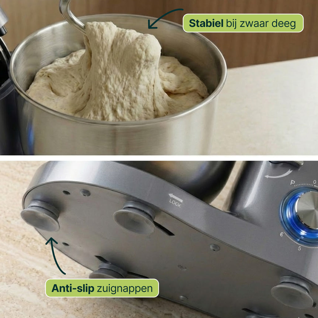 Keukenmachine - 2000W - Keukenrobot - Keukenmixer - Mixer met Mengkom - 6.2L - Grijs - Vivid Green