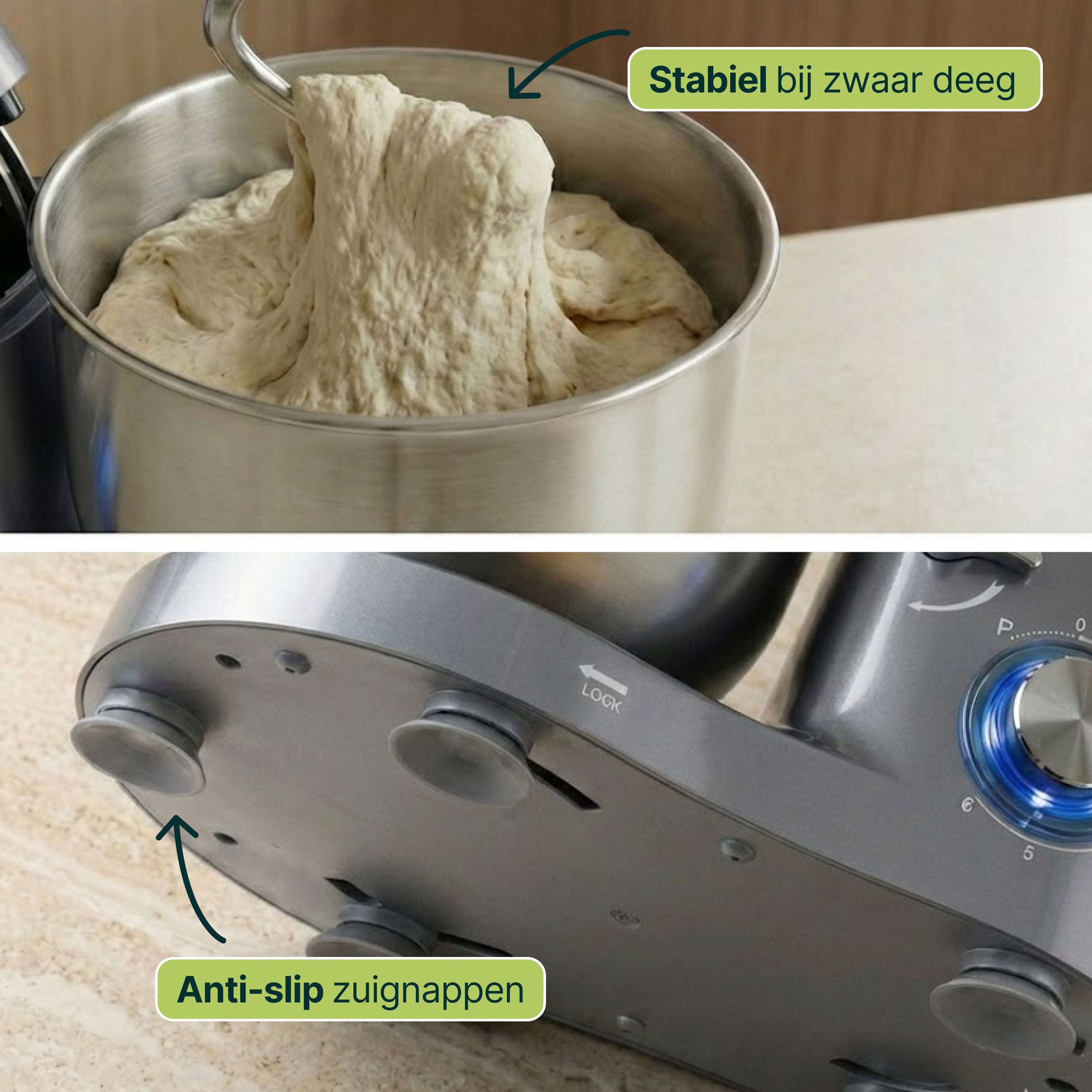 Keukenmachine - 2000W - Keukenrobot - Keukenmixer - Mixer met Mengkom - 6.2L - Grijs - Vivid Green
