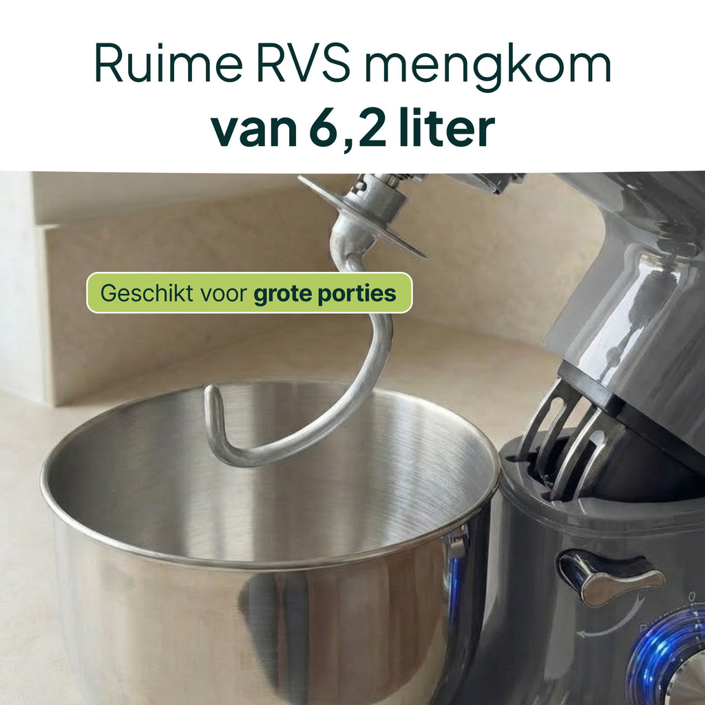 Keukenmachine - 2000W - Keukenrobot - Keukenmixer - Mixer met Mengkom - 6.2L - Grijs - Vivid Green
