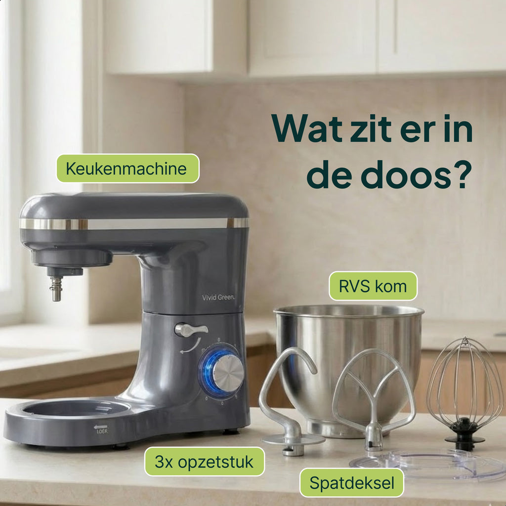 Keukenmachine - 2000W - Keukenrobot - Keukenmixer - Mixer met Mengkom - 6.2L - Grijs - Vivid Green