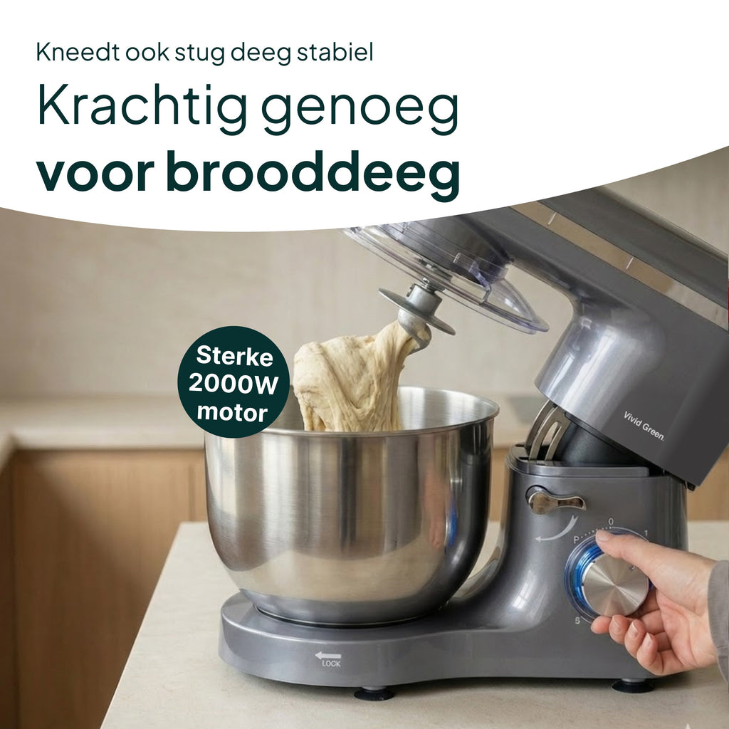 Keukenmachine - 2000W - Keukenrobot - Keukenmixer - Mixer met Mengkom - 6.2L - Grijs - Vivid Green