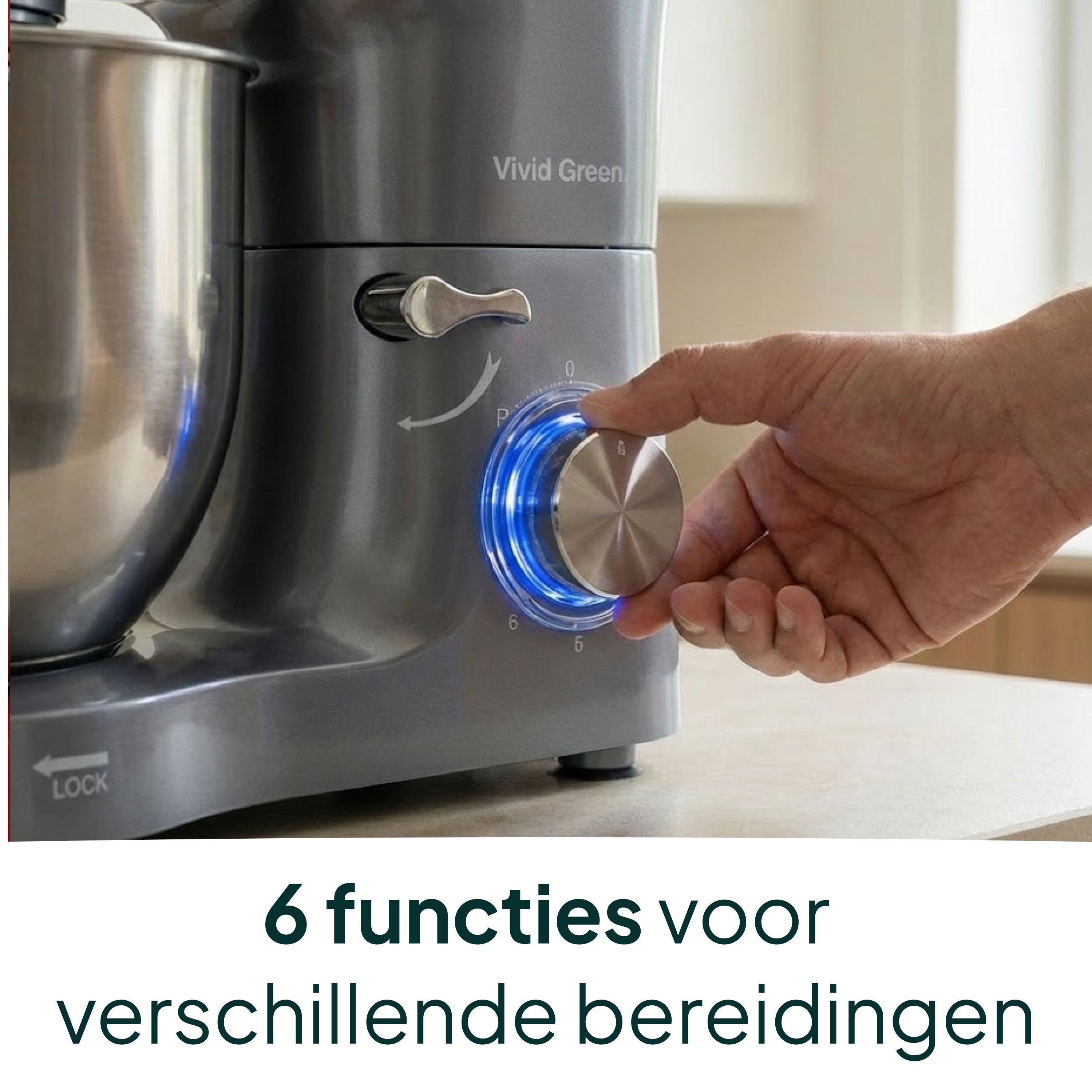 Keukenmachine - 2000W - Keukenrobot - Keukenmixer - Mixer met Mengkom - 6.2L - Grijs - Vivid Green