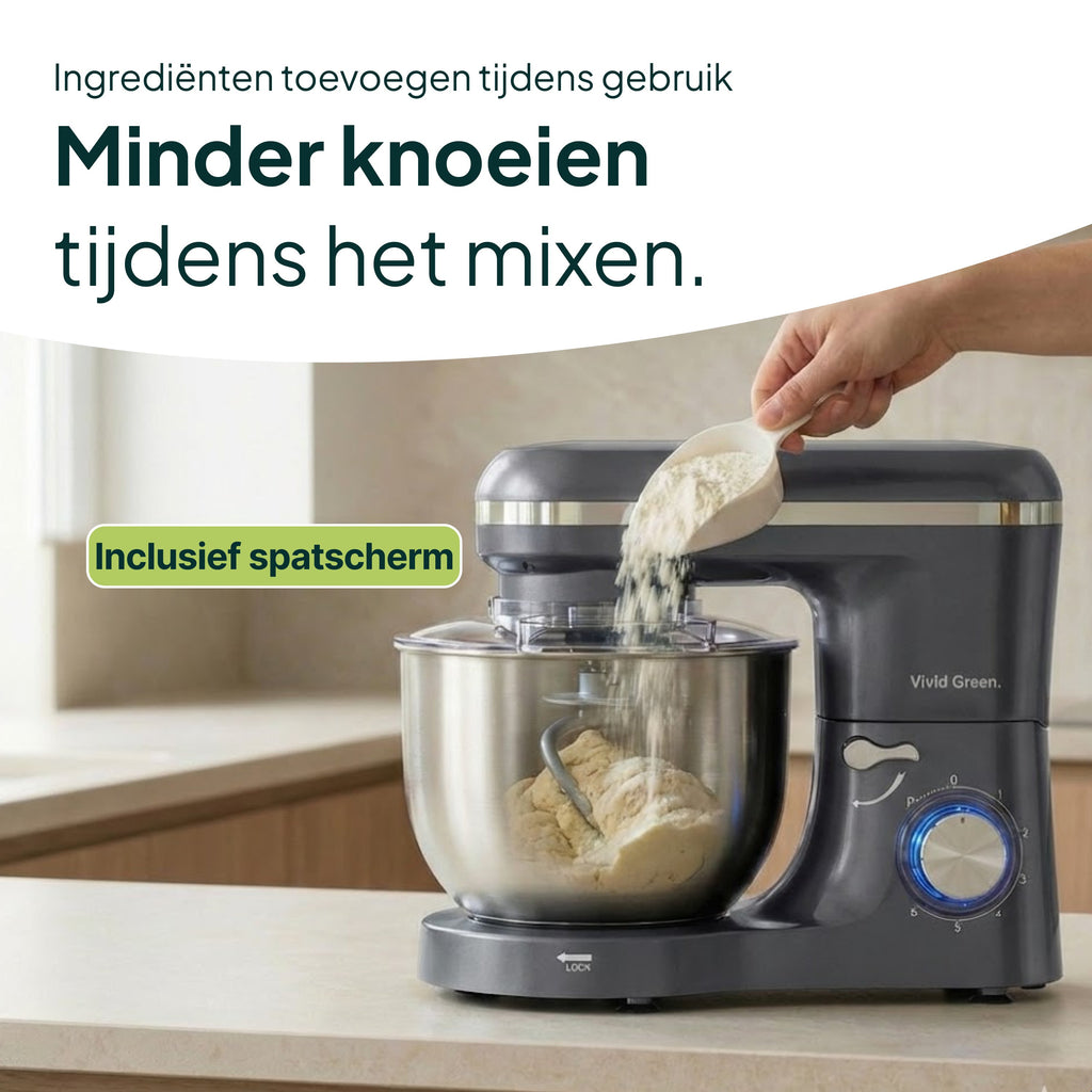 Keukenmachine - 2000W - Keukenrobot - Keukenmixer - Mixer met Mengkom - 6.2L - Grijs - Vivid Green