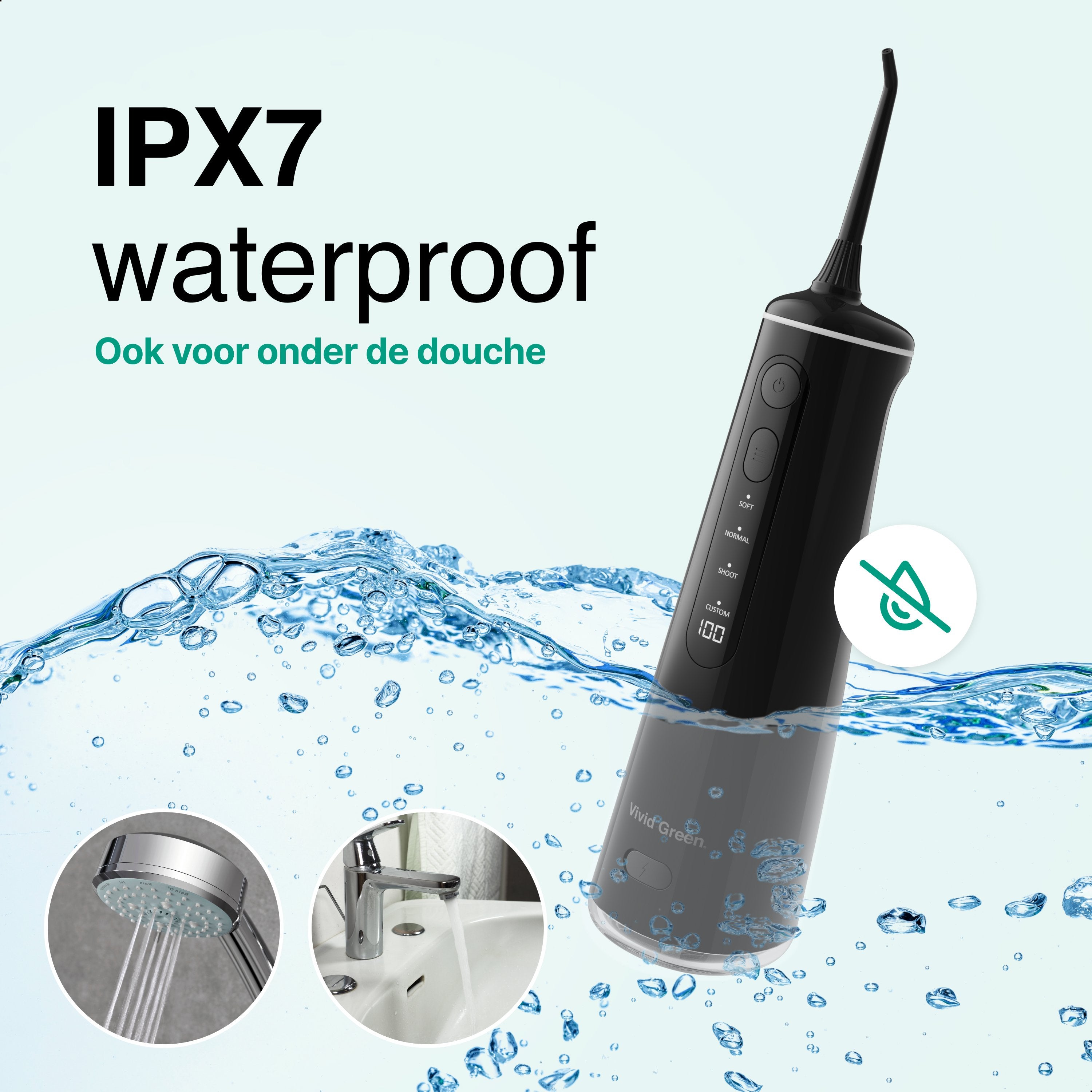 Waterflosser - Monddouche - 6 opzetstukken - 4 Standen - Elektrisch Flosapparaat - Waterdicht - Draadloos en Oplaadbaar - Zwart - Vivid Green