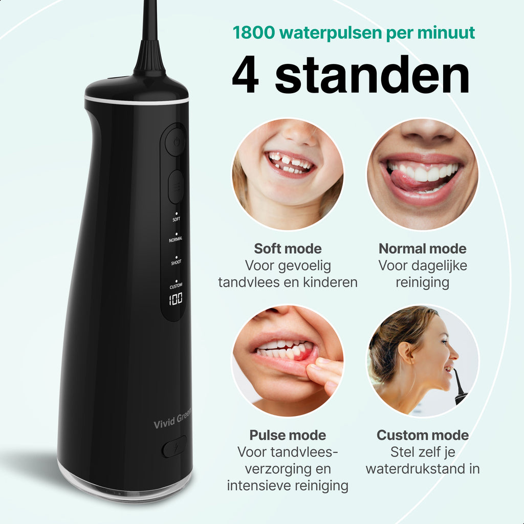 Waterflosser - Monddouche - 6 opzetstukken - 4 Standen - Elektrisch Flosapparaat - Waterdicht - Draadloos en Oplaadbaar - Zwart - Vivid Green