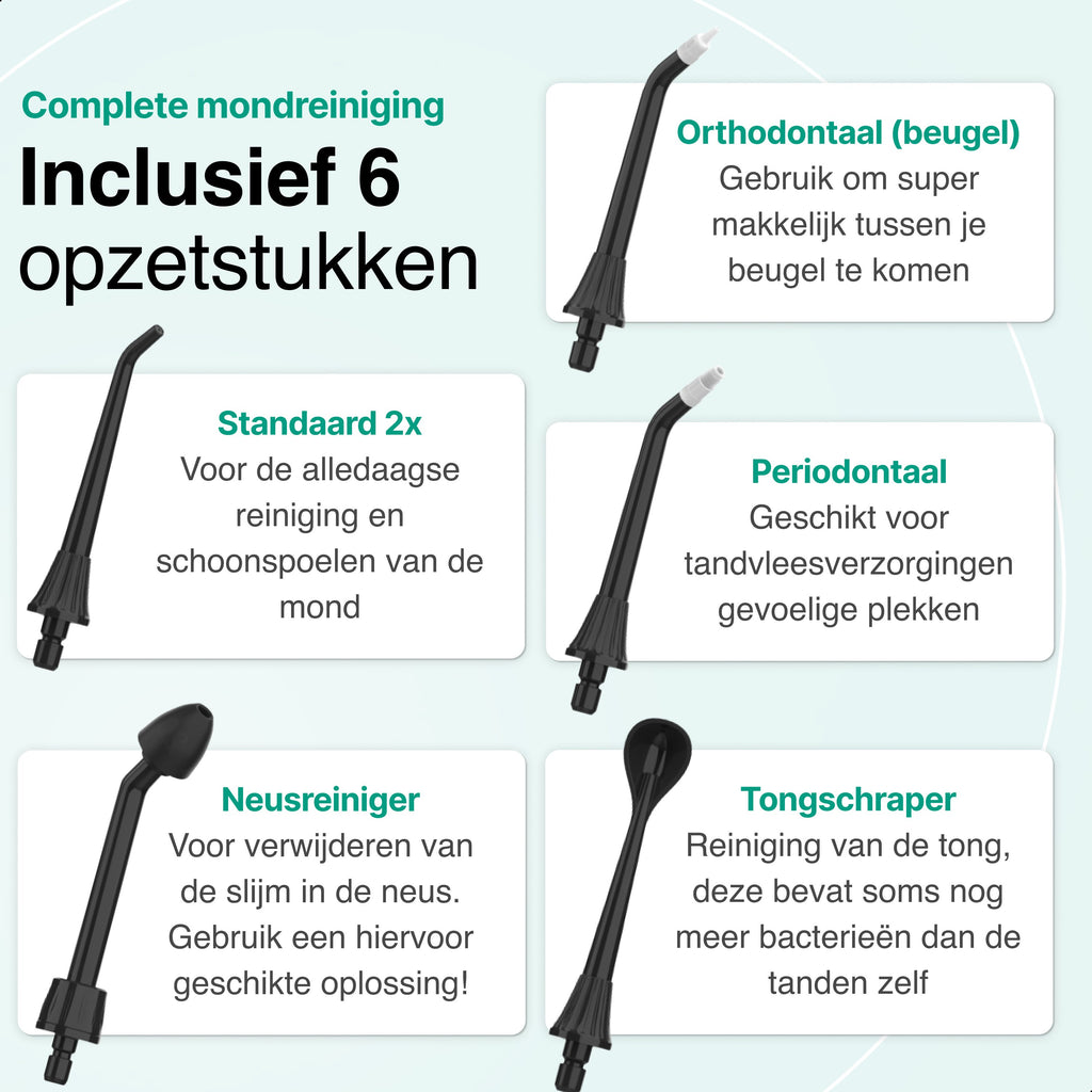 Waterflosser - Monddouche - 6 opzetstukken - 4 Standen - Elektrisch Flosapparaat - Waterdicht - Draadloos en Oplaadbaar - Zwart - Vivid Green