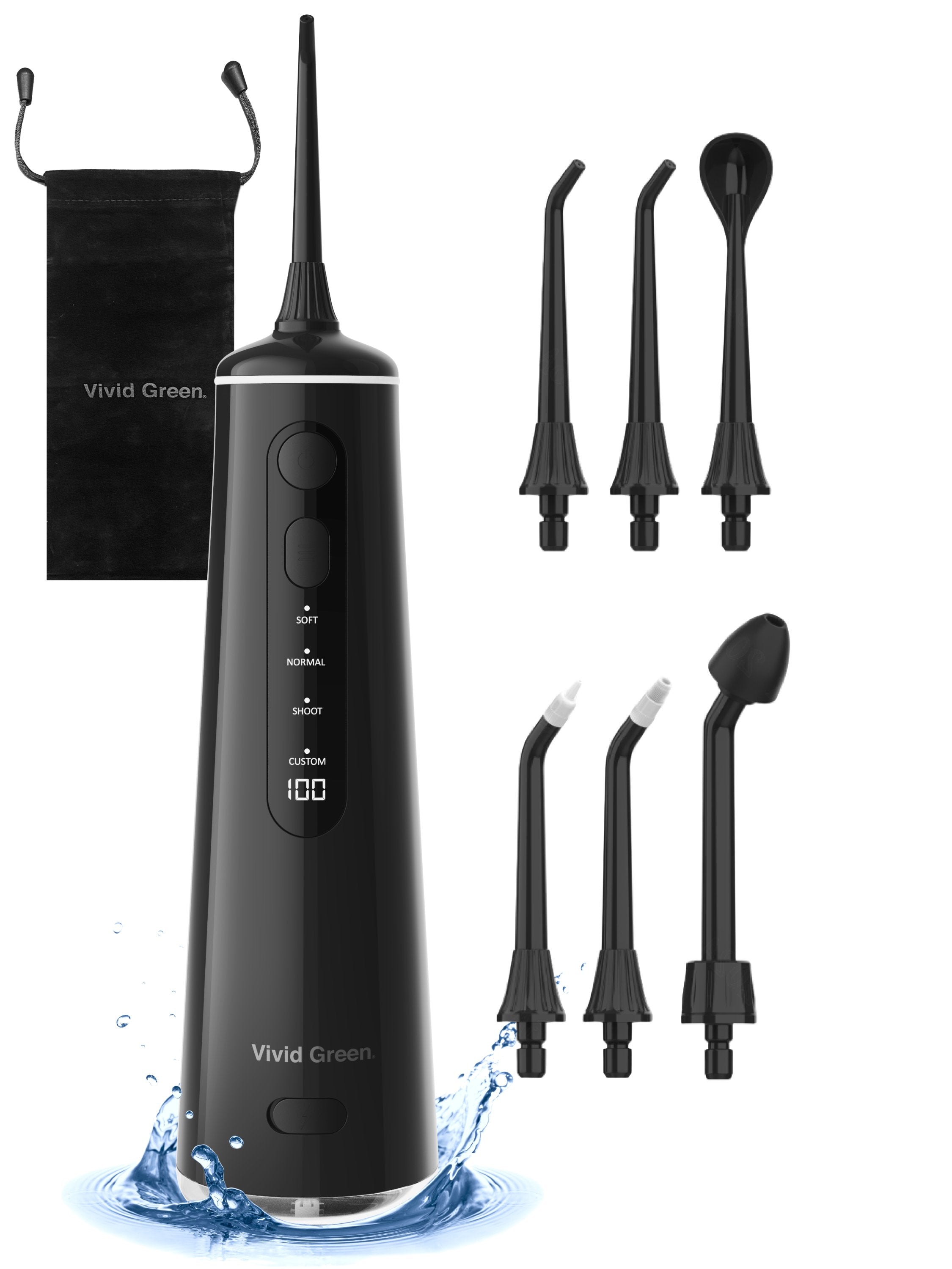 Waterflosser - Monddouche - 6 opzetstukken - 4 Standen - Elektrisch Flosapparaat - Waterdicht - Draadloos en Oplaadbaar - Zwart - Vivid Green
