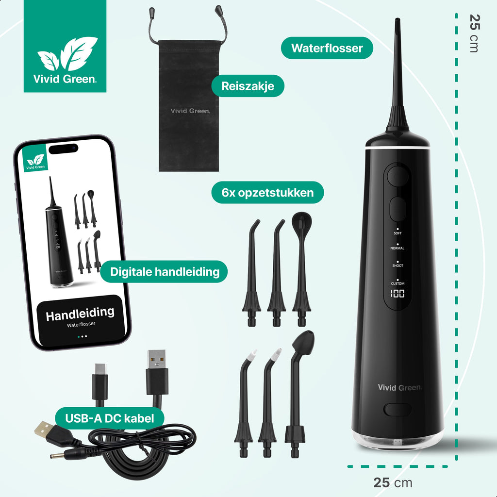 Waterflosser - Monddouche - 6 opzetstukken - 4 Standen - Elektrisch Flosapparaat - Waterdicht - Draadloos en Oplaadbaar - Zwart - Vivid Green