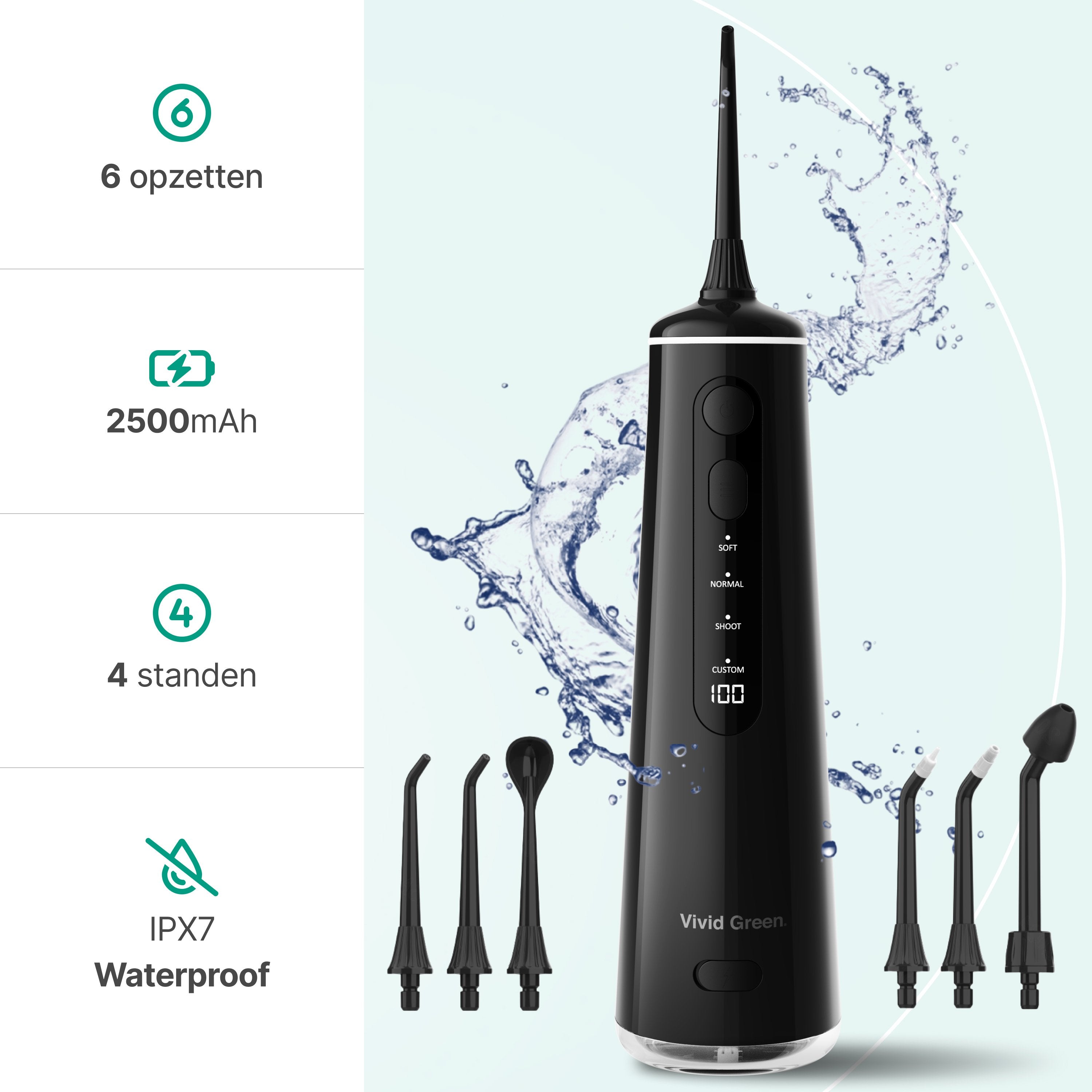Waterflosser - Monddouche - 6 opzetstukken - 4 Standen - Elektrisch Flosapparaat - Waterdicht - Draadloos en Oplaadbaar - Zwart - Vivid Green