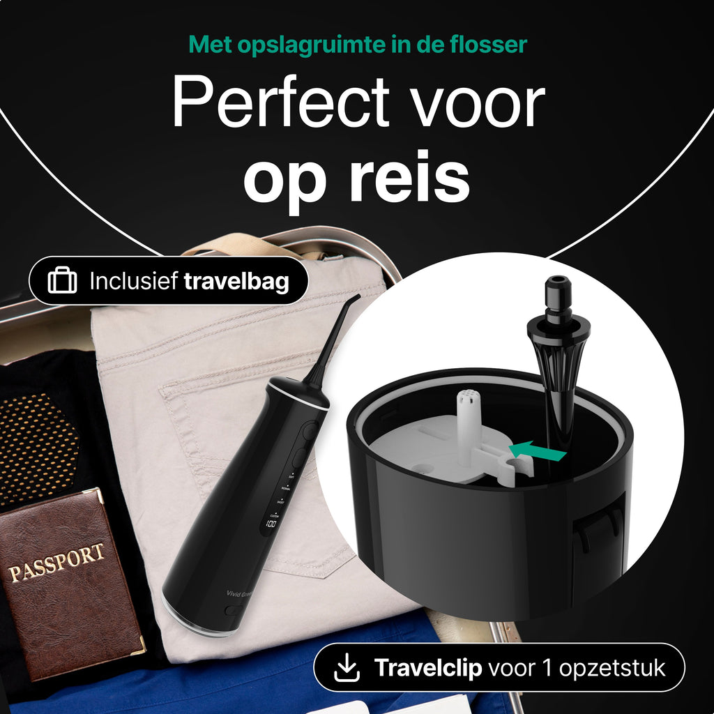 Waterflosser - Monddouche - 6 opzetstukken - 4 Standen - Elektrisch Flosapparaat - Waterdicht - Draadloos en Oplaadbaar - Zwart - Vivid Green