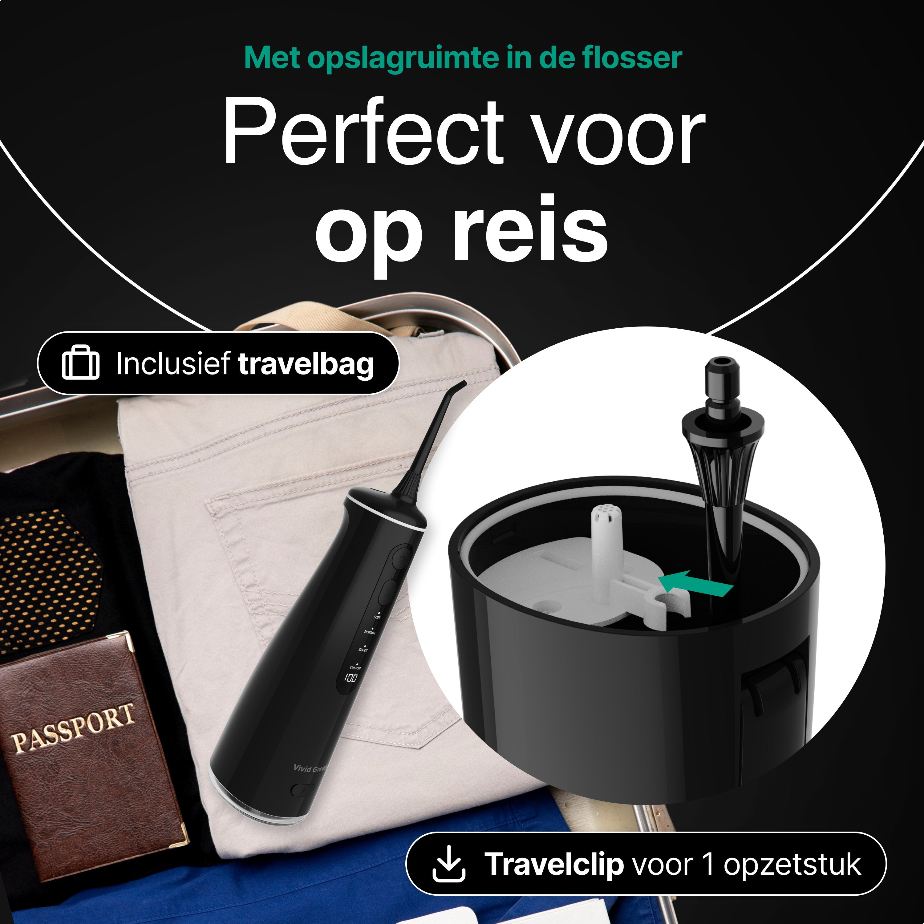 Waterflosser - Monddouche - 6 opzetstukken - 4 Standen - Elektrisch Flosapparaat - Waterdicht - Draadloos en Oplaadbaar - Zwart - Vivid Green