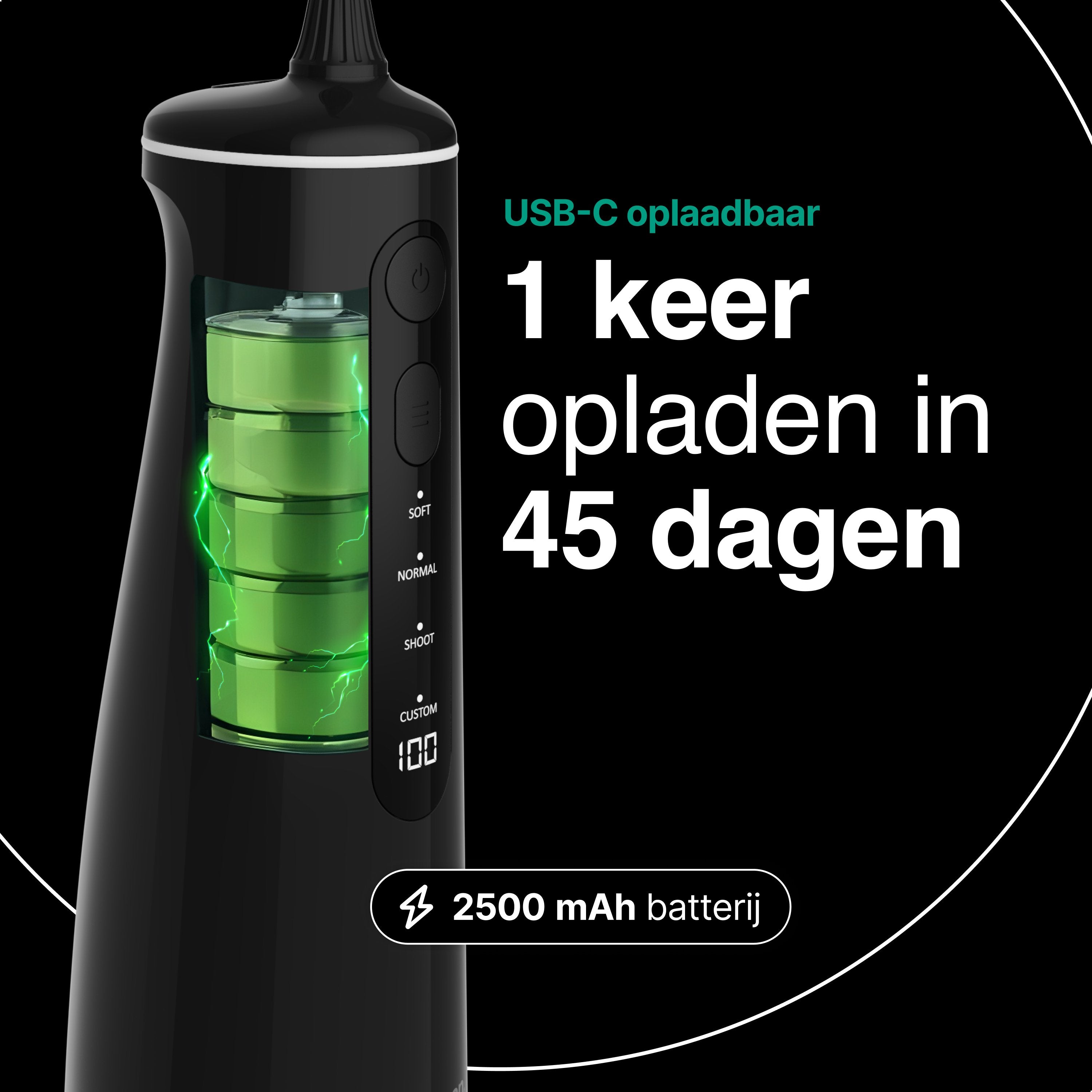 Waterflosser - Monddouche - 6 opzetstukken - 4 Standen - Elektrisch Flosapparaat - Waterdicht - Draadloos en Oplaadbaar - Zwart - Vivid Green