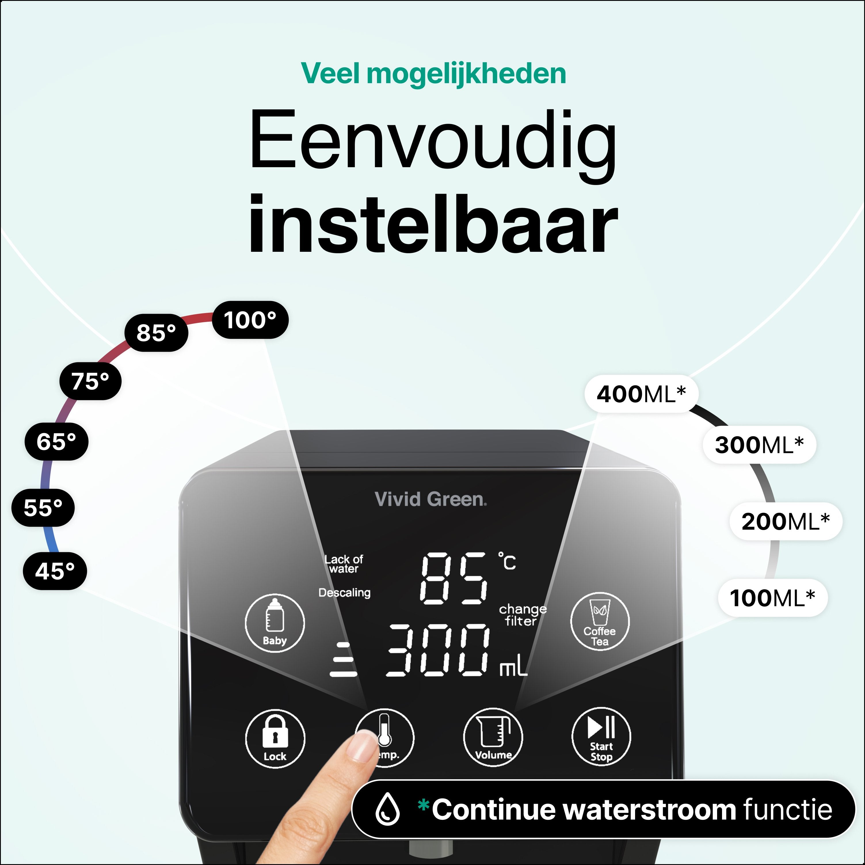 Heetwaterdispenser 3L - 40° 100° - 100/200/300/400ml - Instant Waterkoker - RVS- Vivid Green