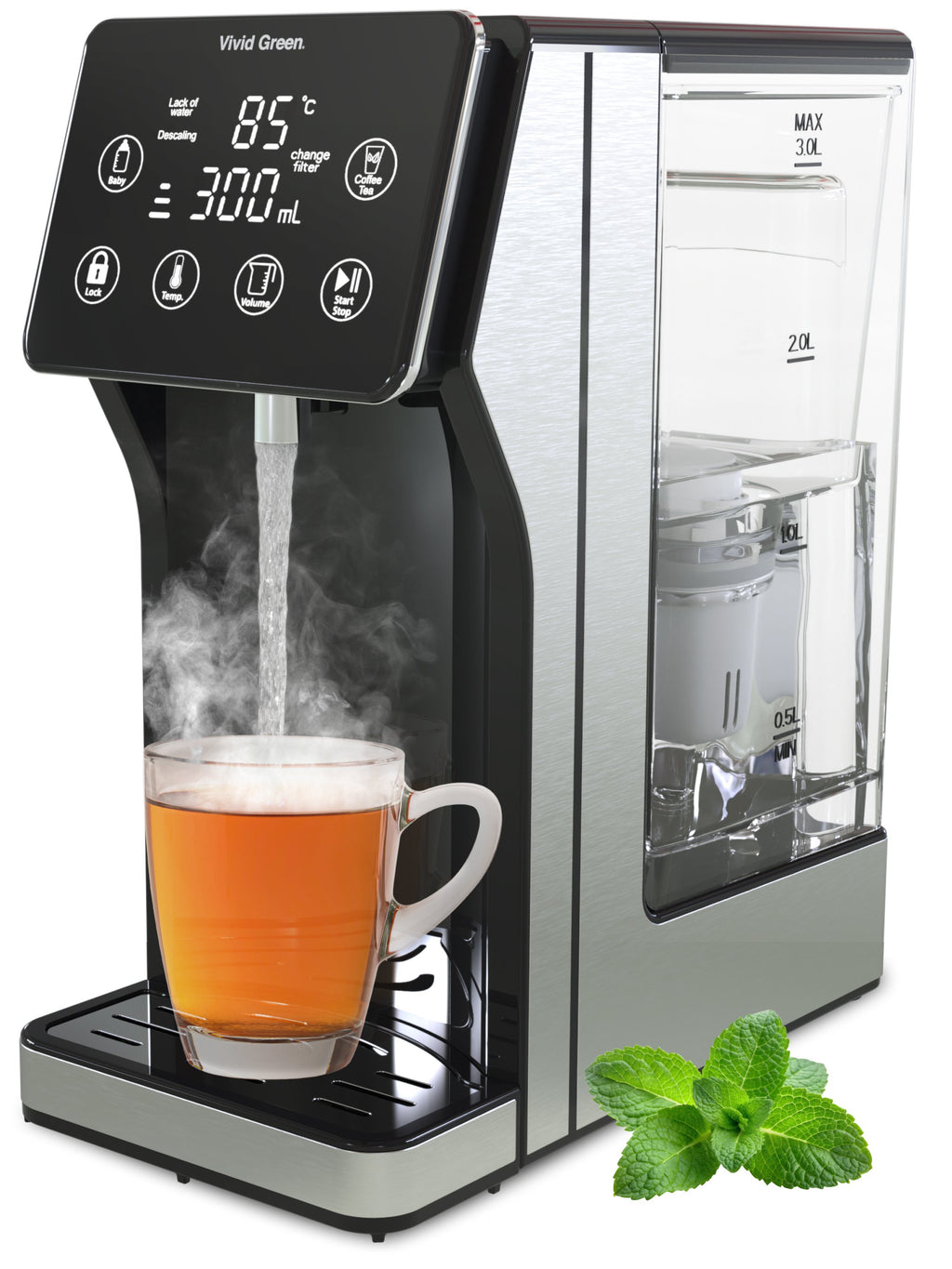 Heetwaterdispenser 3L - 40° 100° - 100/200/300/400ml - Instant Waterkoker - RVS- Vivid Green