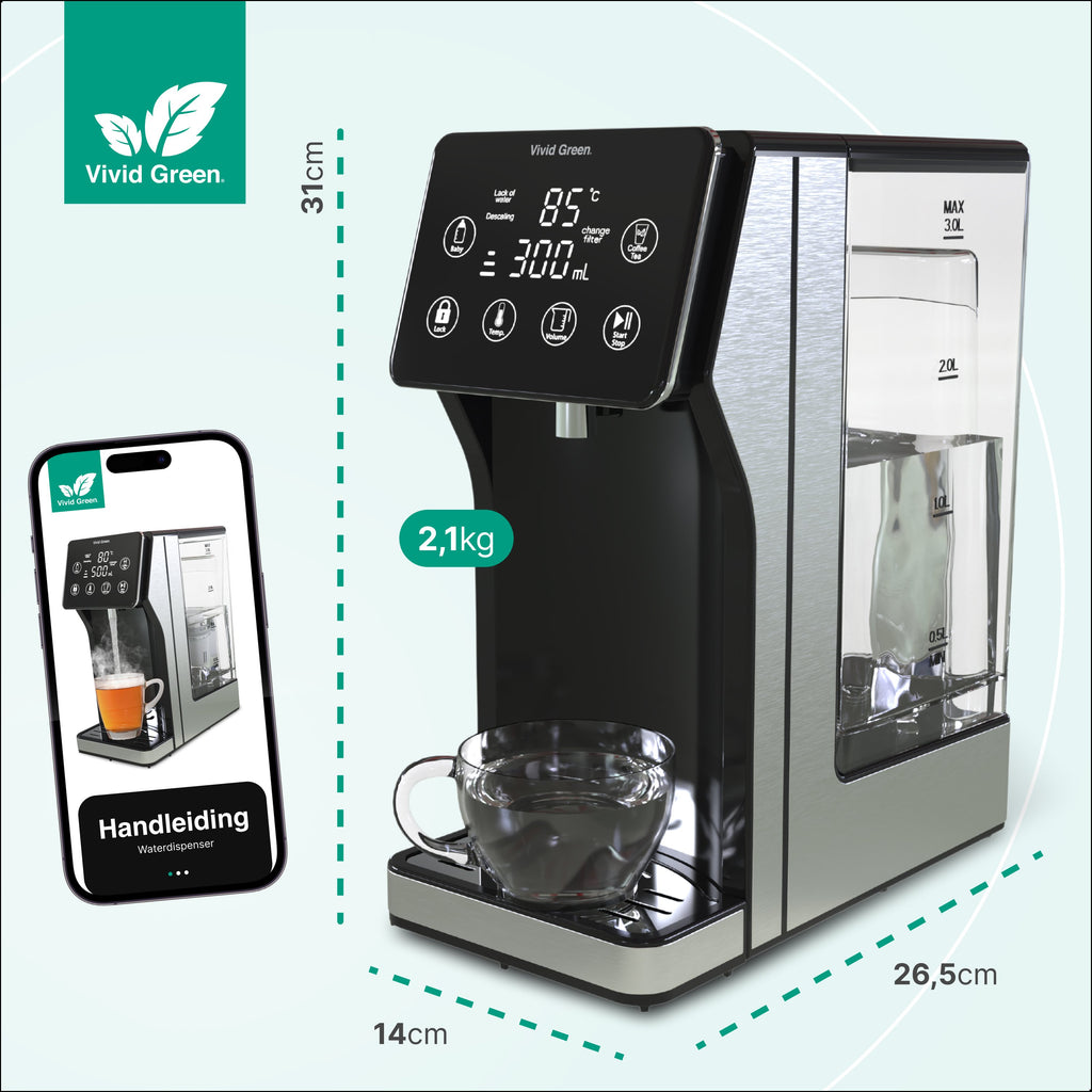 Heetwaterdispenser 3L - 40° 100° - 100/200/300/400ml - Instant Waterkoker - RVS- Vivid Green