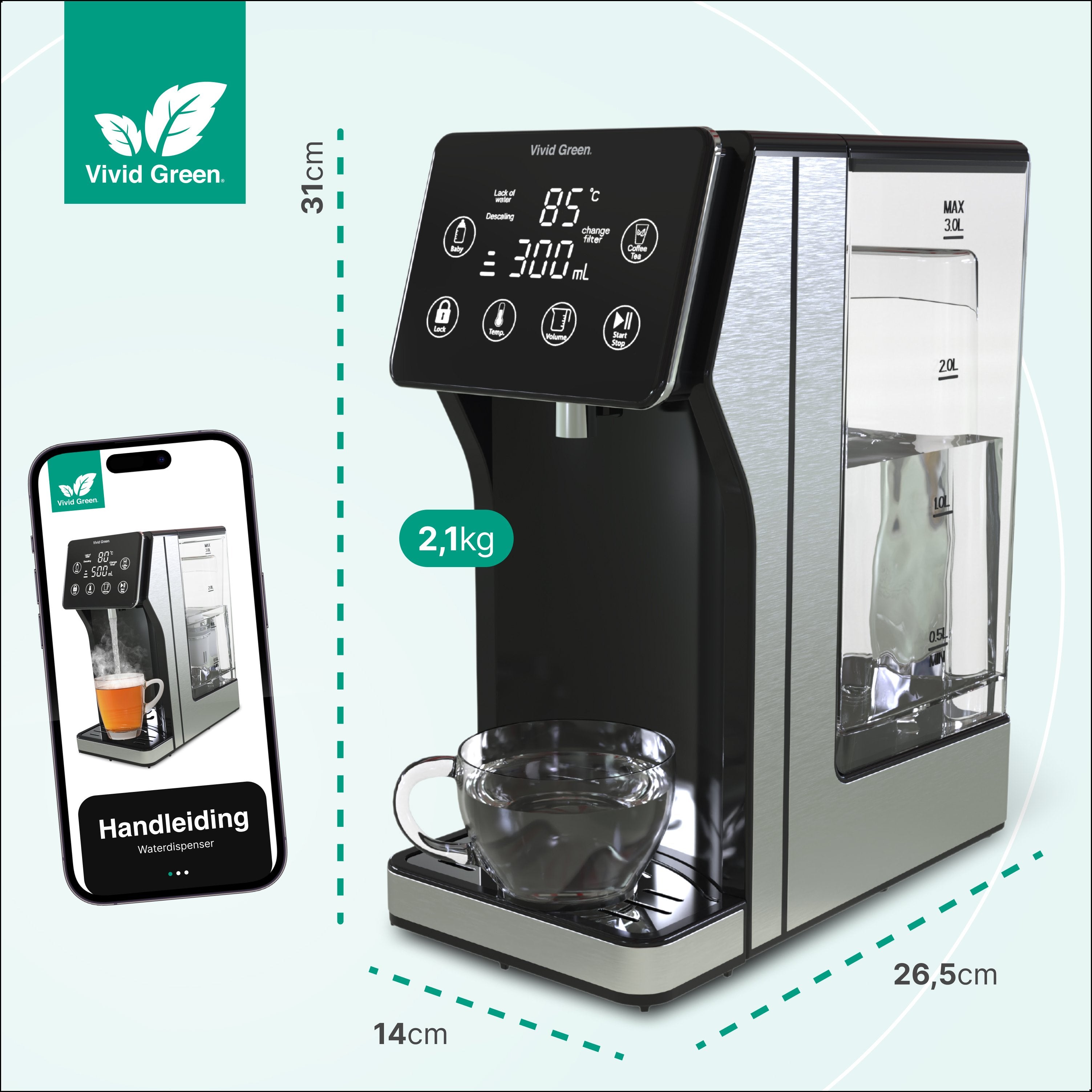 Heetwaterdispenser 3L - 40° 100° - 100/200/300/400ml - Instant Waterkoker - RVS- Vivid Green