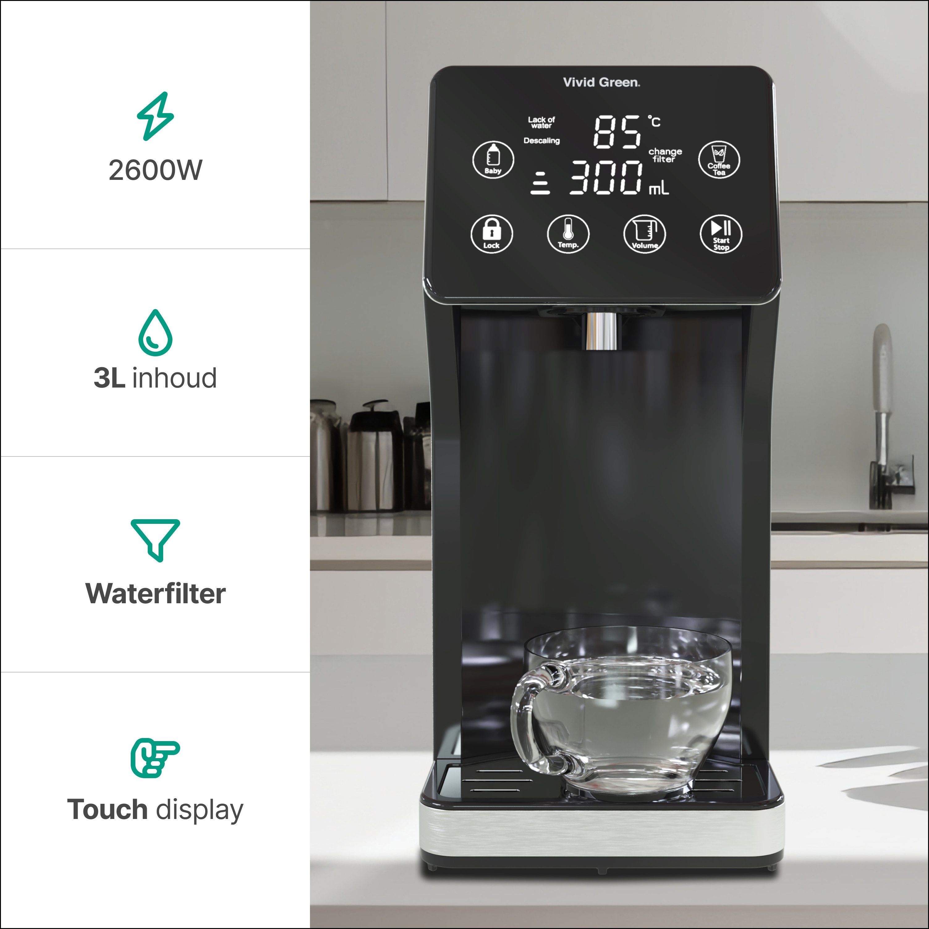 Heetwaterdispenser 3L - 40° 100° - 100/200/300/400ml - Instant Waterkoker - RVS- Vivid Green