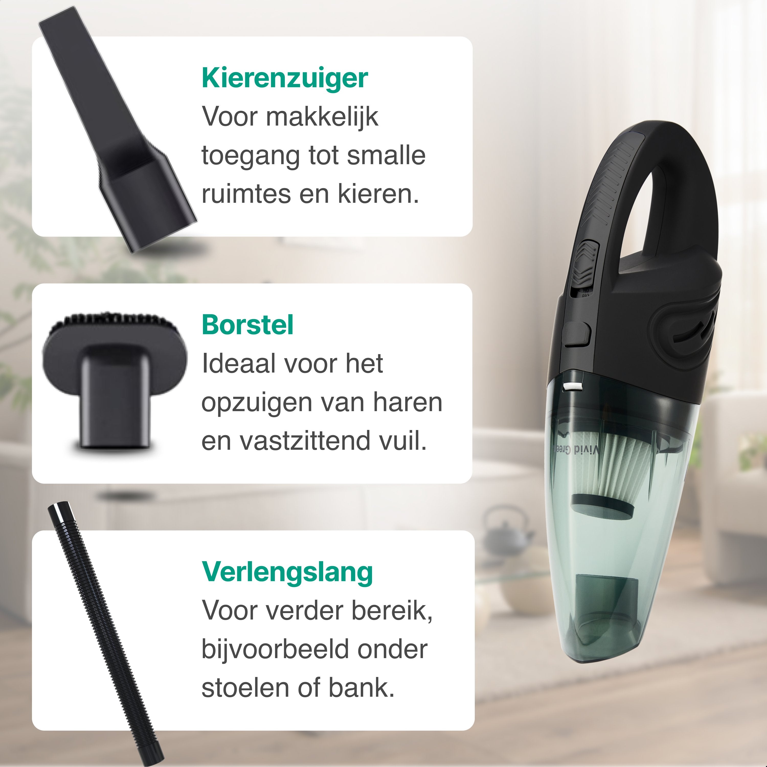 Kruimelzuiger Snoerloos - Handstofzuiger met 5 opzetstukken - Kruimelzuiger - Zwart - Vivid Green