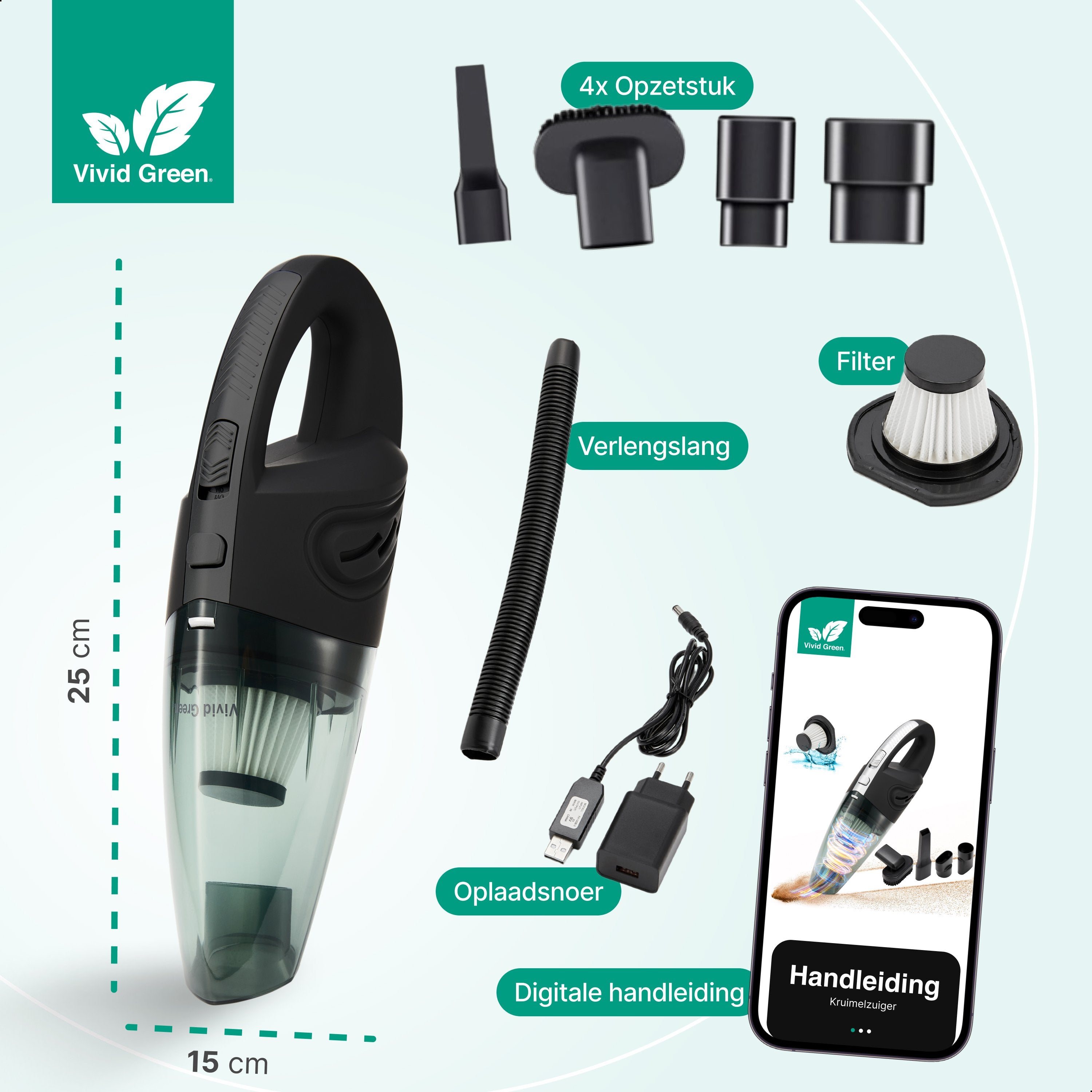 Kruimelzuiger Snoerloos - Handstofzuiger met 5 opzetstukken - Kruimelzuiger - Zwart - Vivid Green
